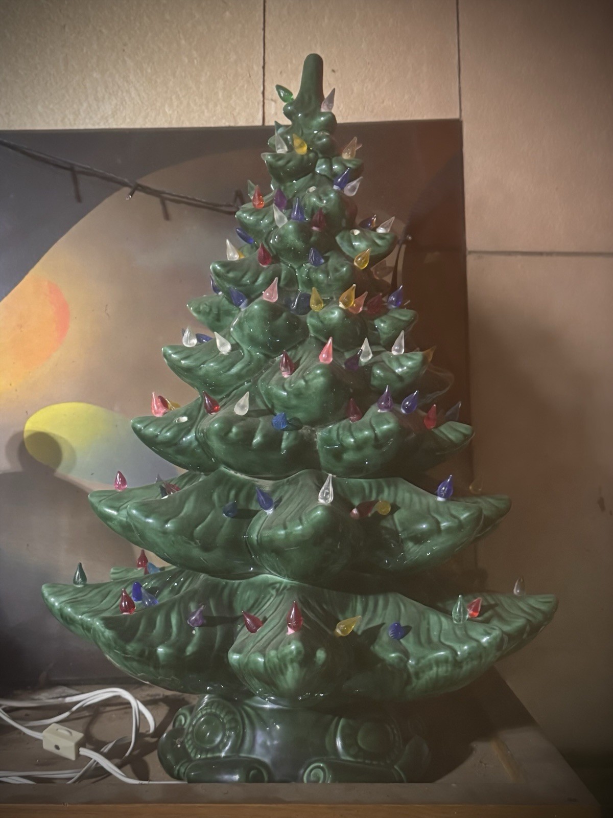 Vintage 1950s Ceramic Tabletop Christmas Tree Green w/ Multicolor Lights