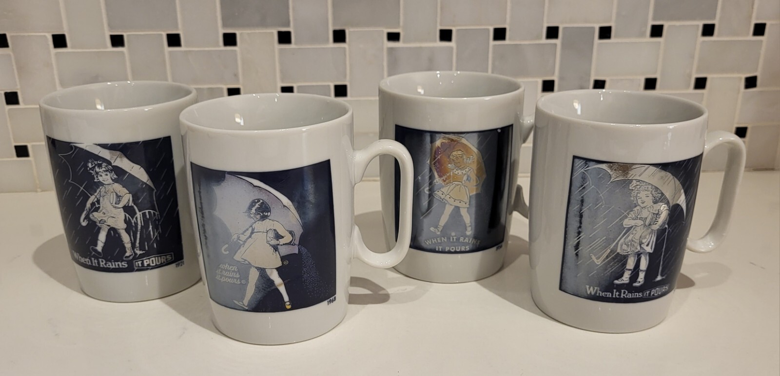 4 Vtg. 1914 1921 1956 1968 Morton Salt Girl Coffee Cup Set Mugs 1980s