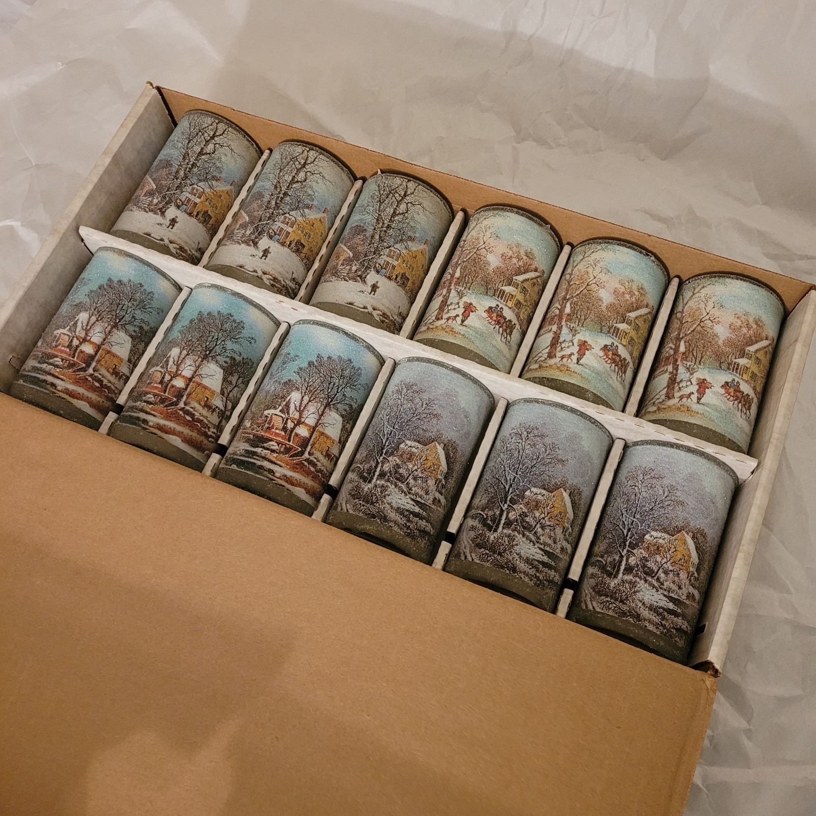 Vintage Currier Ives Candle Collection Sugar Frosted Glass Jar 5” Set of 12