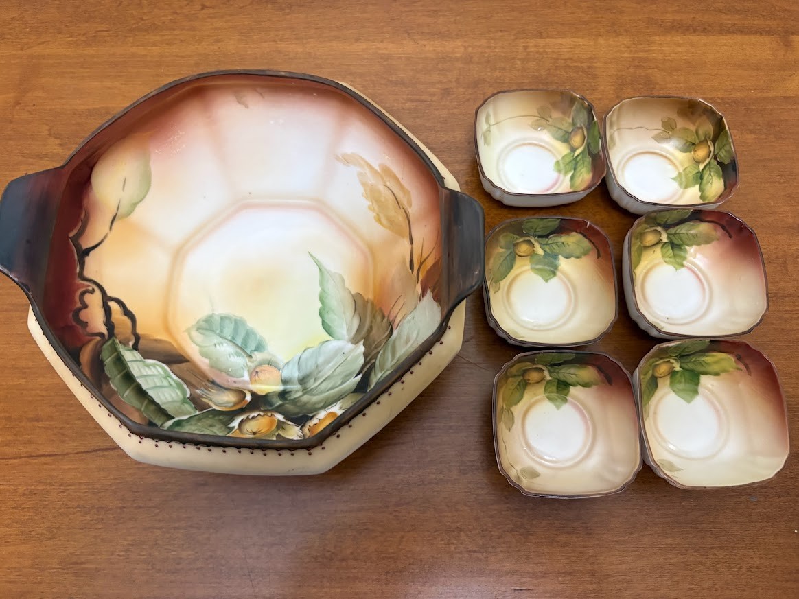 Antique Nippon hand-painted porcelain 7 piece 1 Master bowl and 6 side bowl set