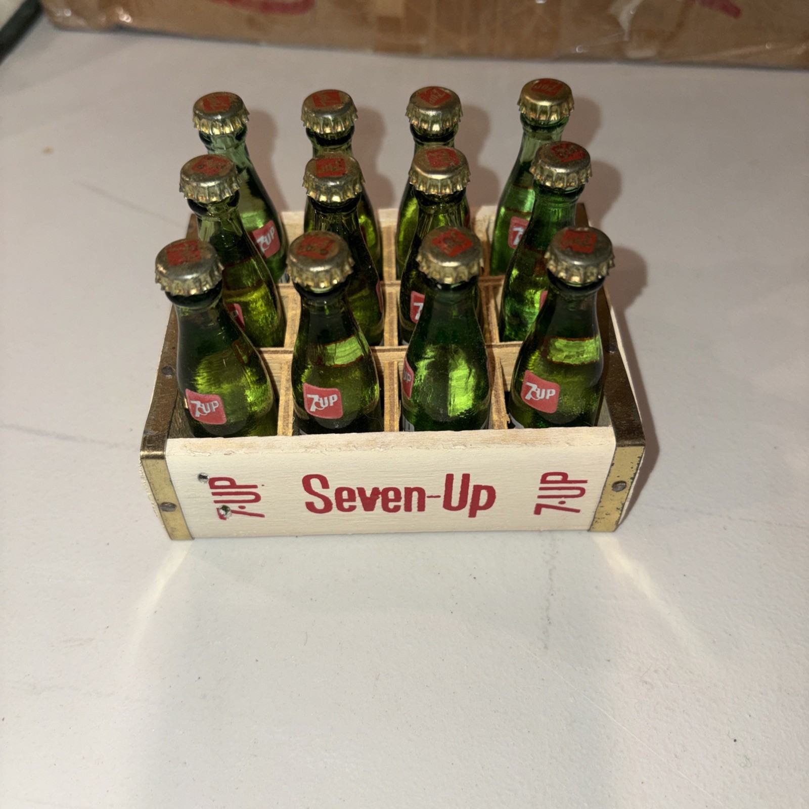 Vintage 7-Up Miniature Wood Crate with 12 3\
