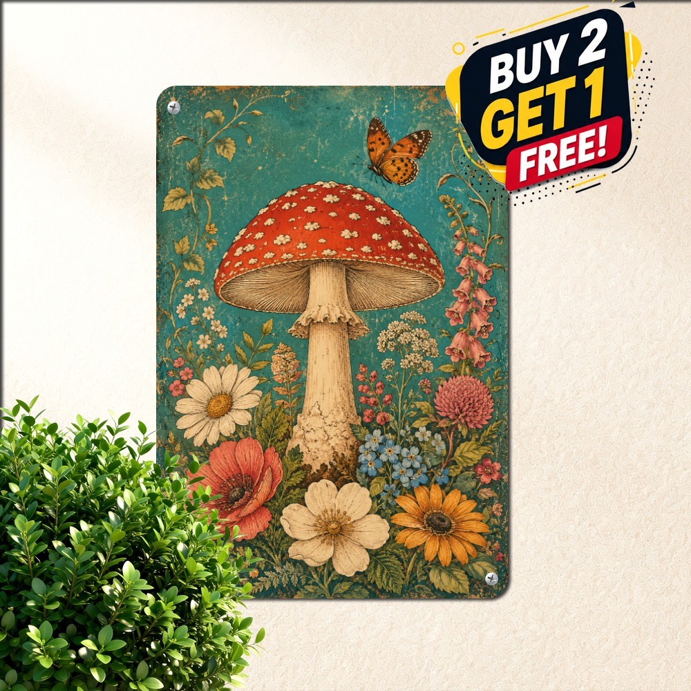 Forest Wild Mushrooms Floral Garden Butterfly Cottagecore Metal Tin Sign