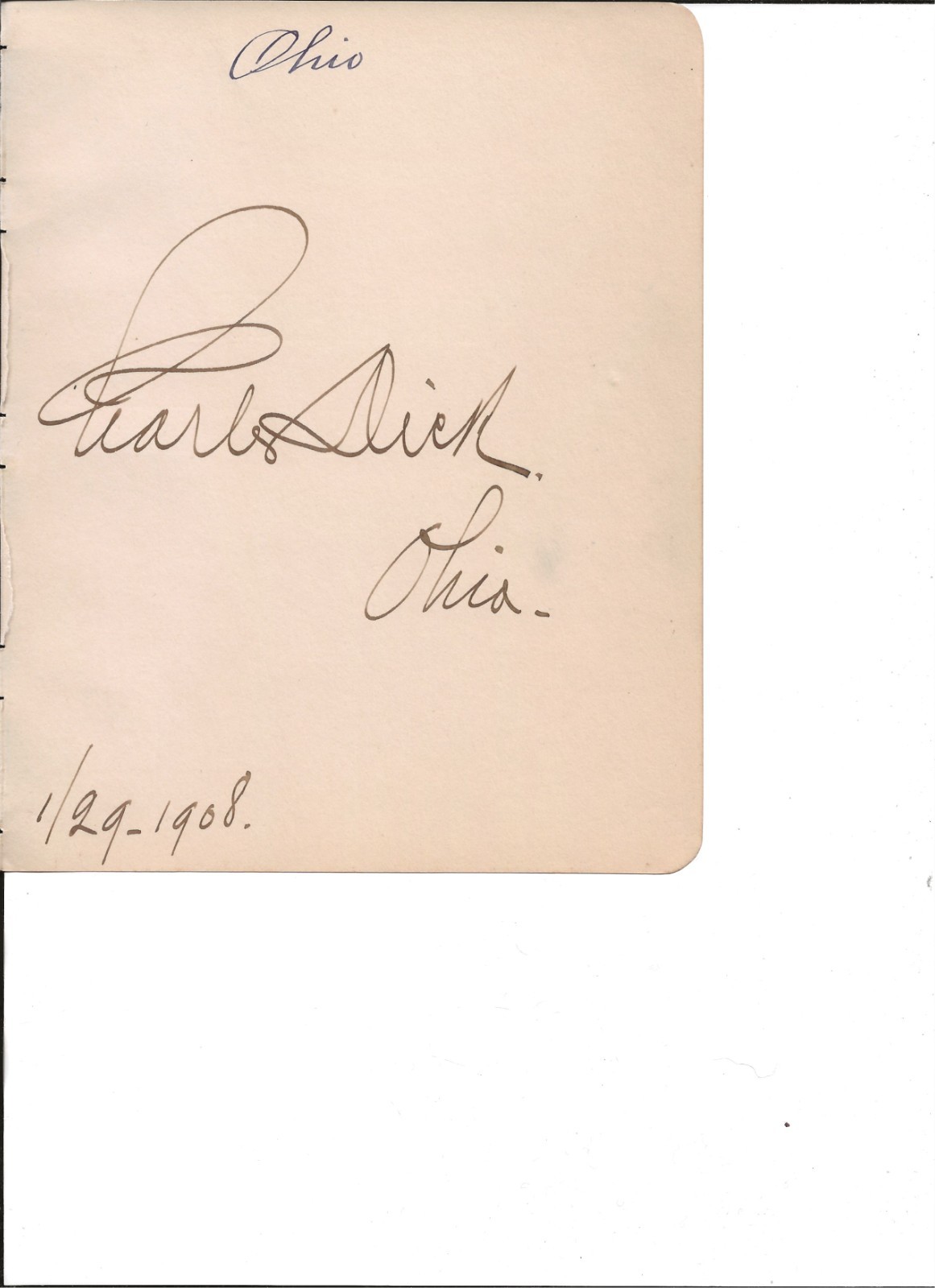 Charles W F. Dick autographed album page 1908 as Senator from Ohio