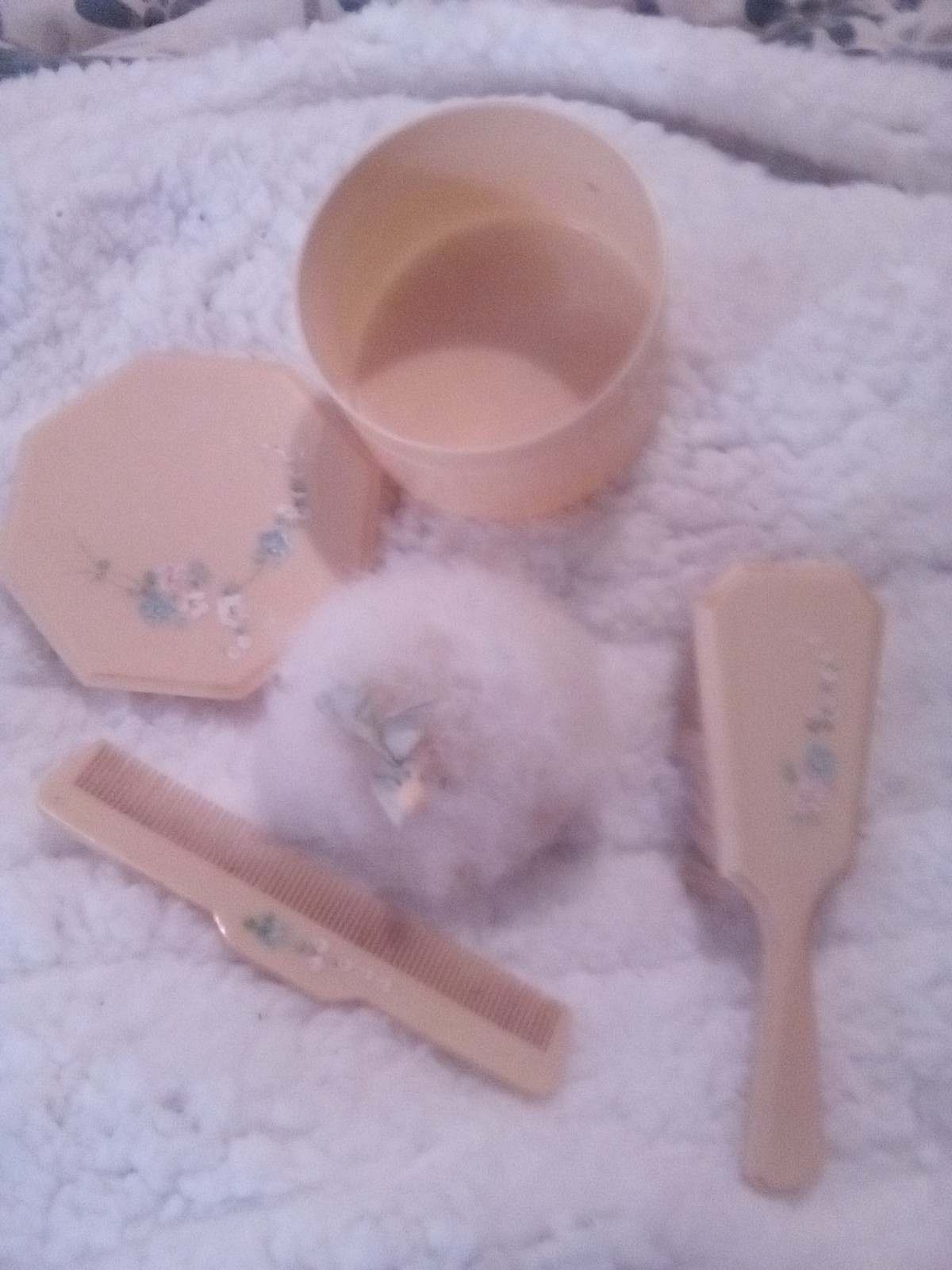 Adorable Antique Vanity Set Swansdown Powder Puff Baby Boy Celluloid Box & Items