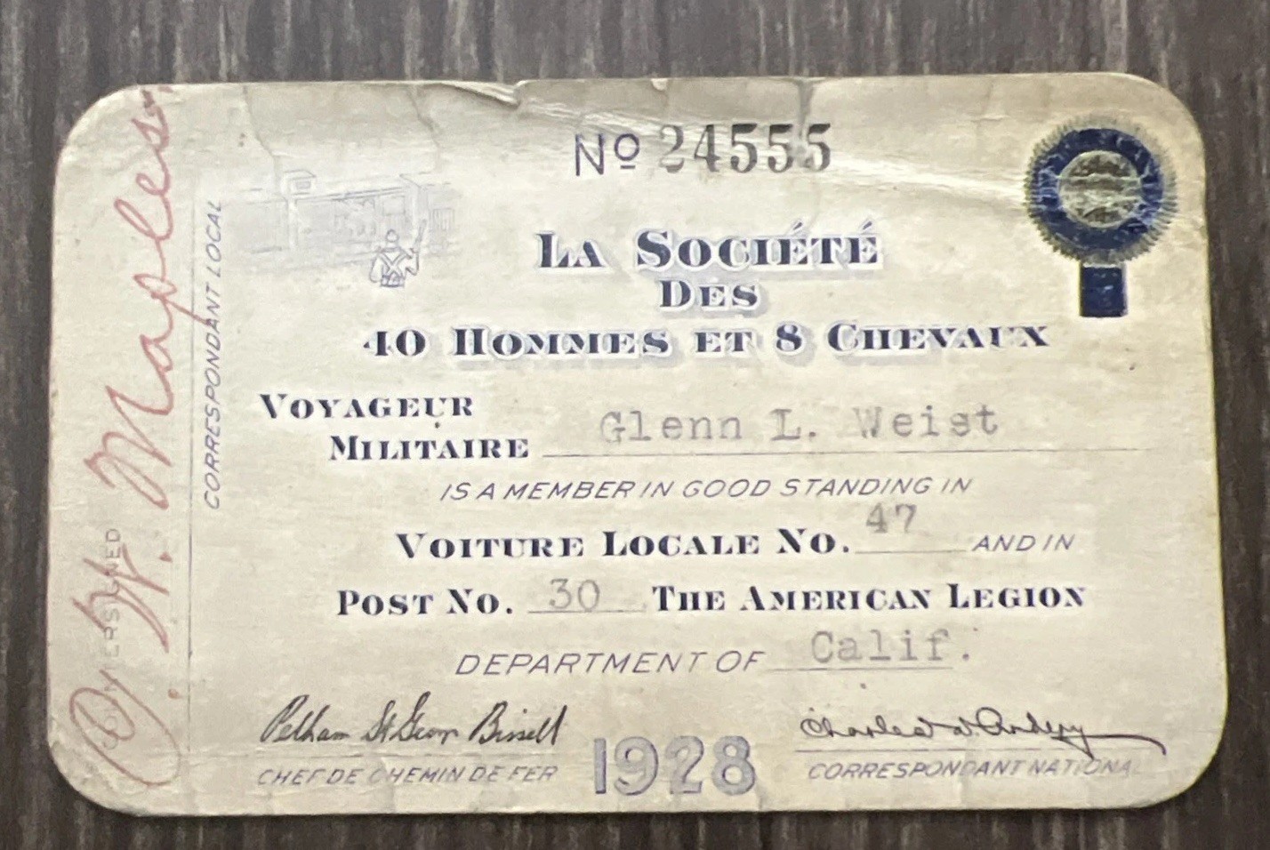 Antique 1928 American Legion LA SOCIETE DES 40 HOMMES ET CHEVAUX Membership Card