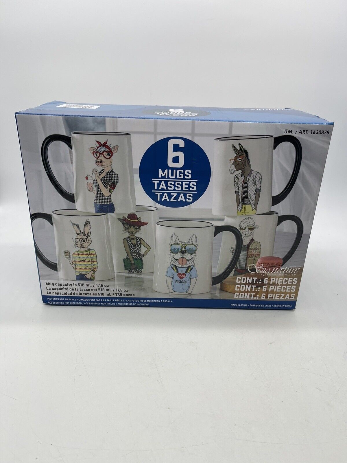 Hipster Animal Coffee Mugs 6 Pc Set 17.5 Oz. Stoneware By Signature - NEW