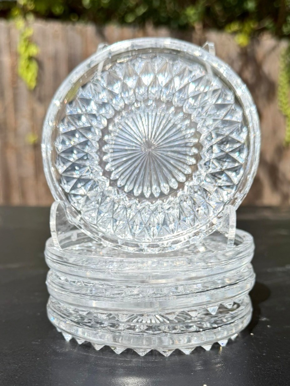Vintage Clear Pressed Glass Coasters Set of 4 Starburst Diamond Point 4.25\