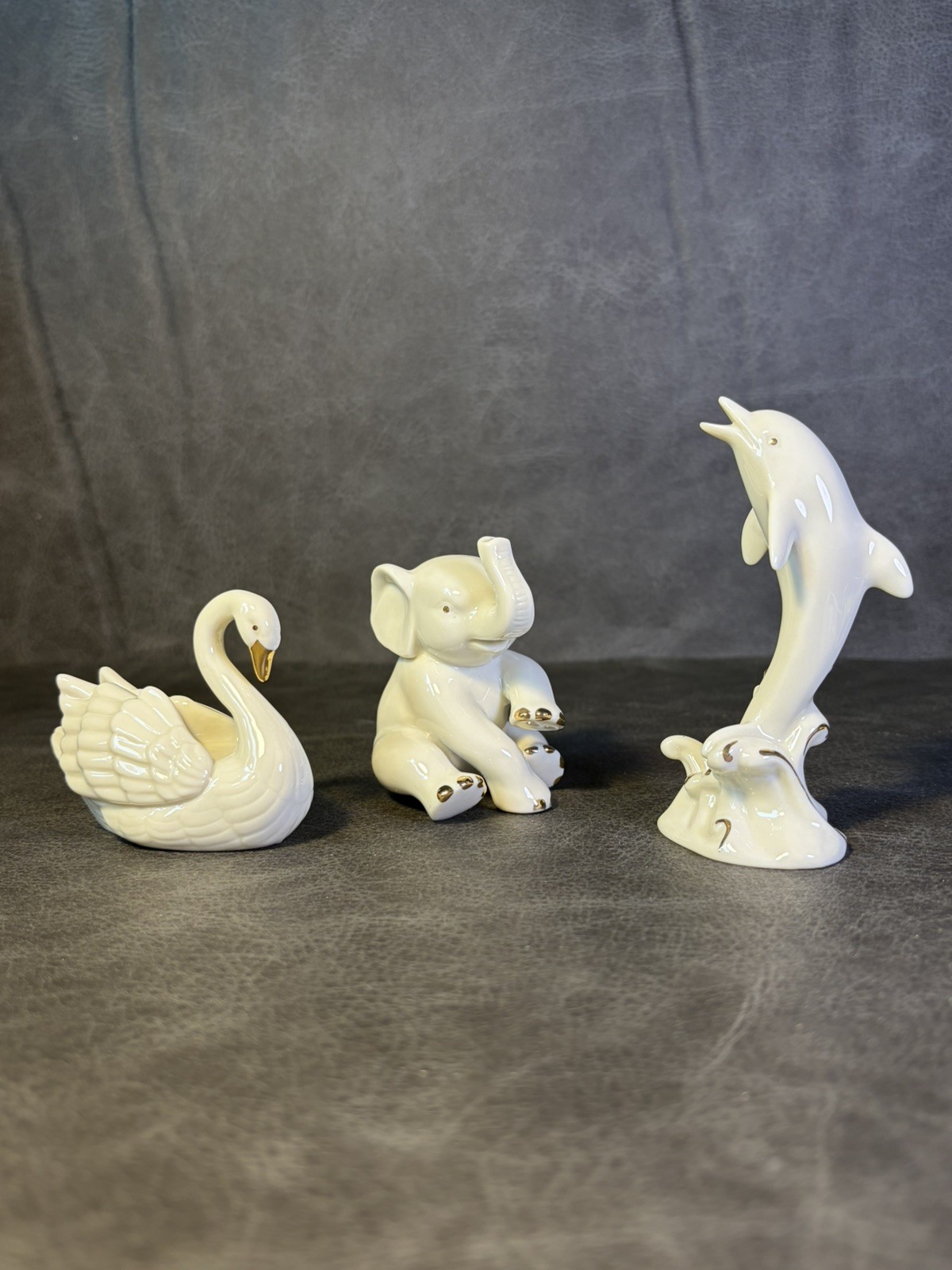 Lenox Ivory & Gold Animal Trio Swan Elephant Dolphin Figurines With Box 24k Gold
