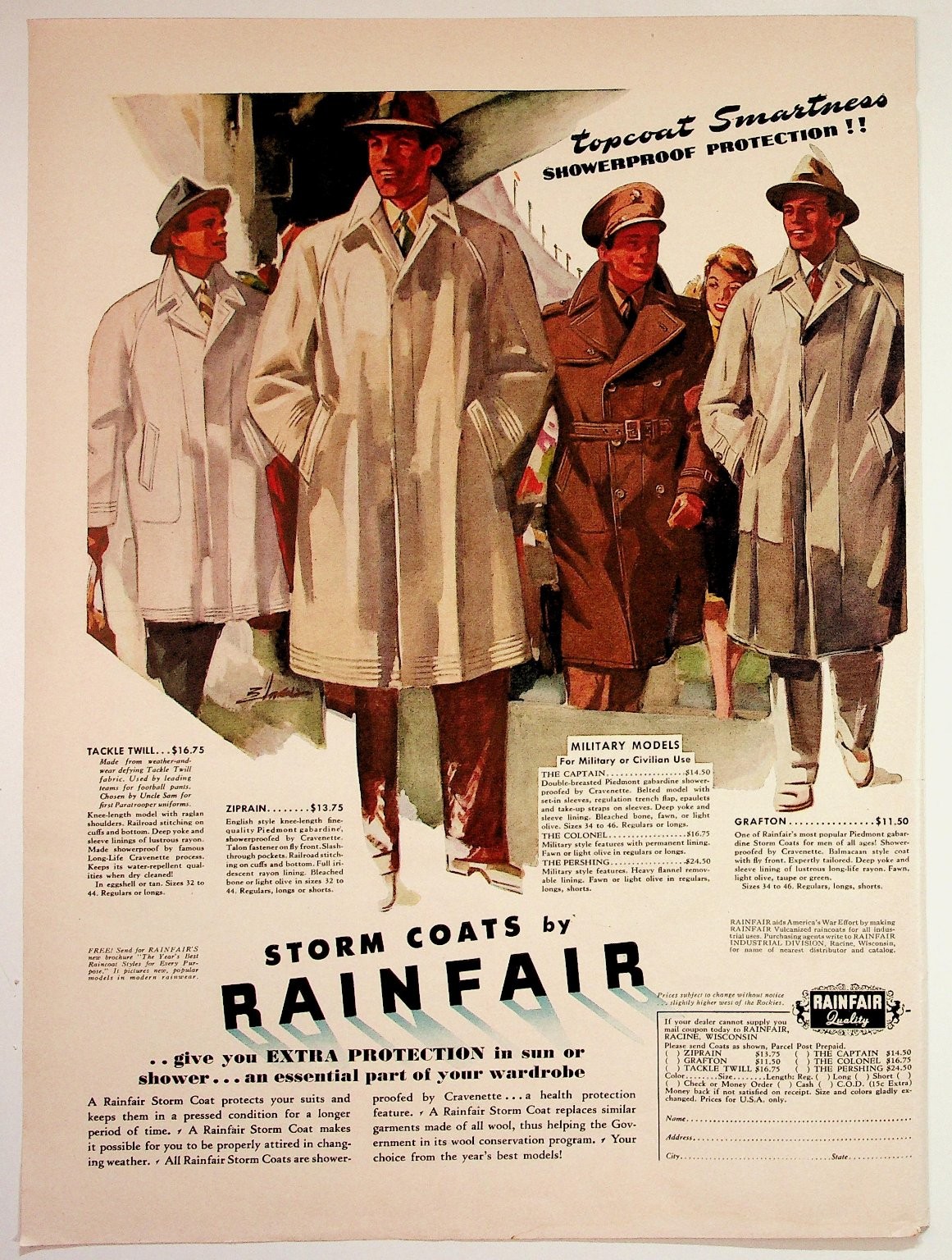 Vtg 1940s Rainfair Storm Coats Ad Men\'s Fashion Illustration Ephemera