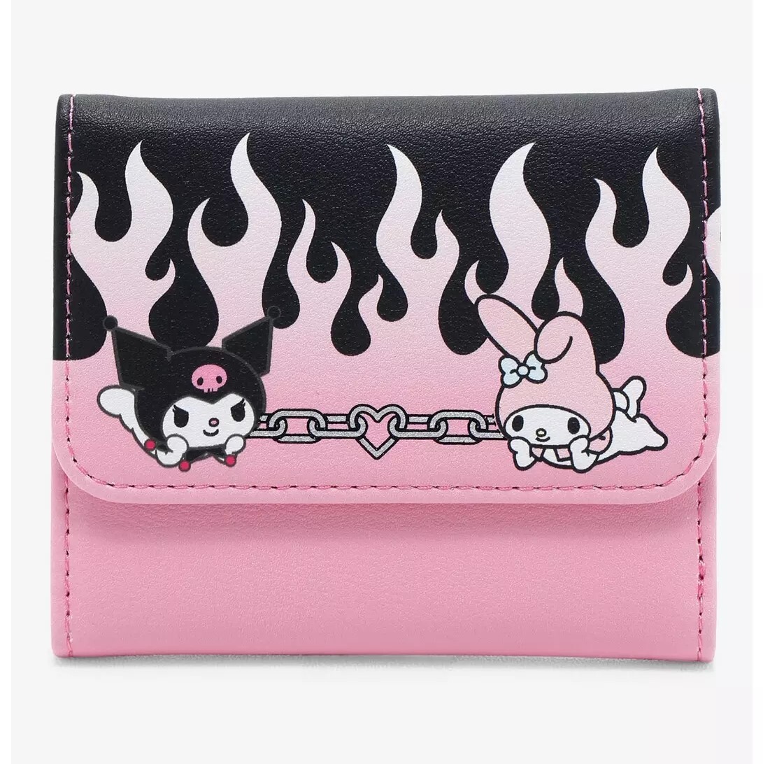 Loungefly Sanrio My Melody Kuromi Flame Heart Mini Flap Wallet Black Pink NWT