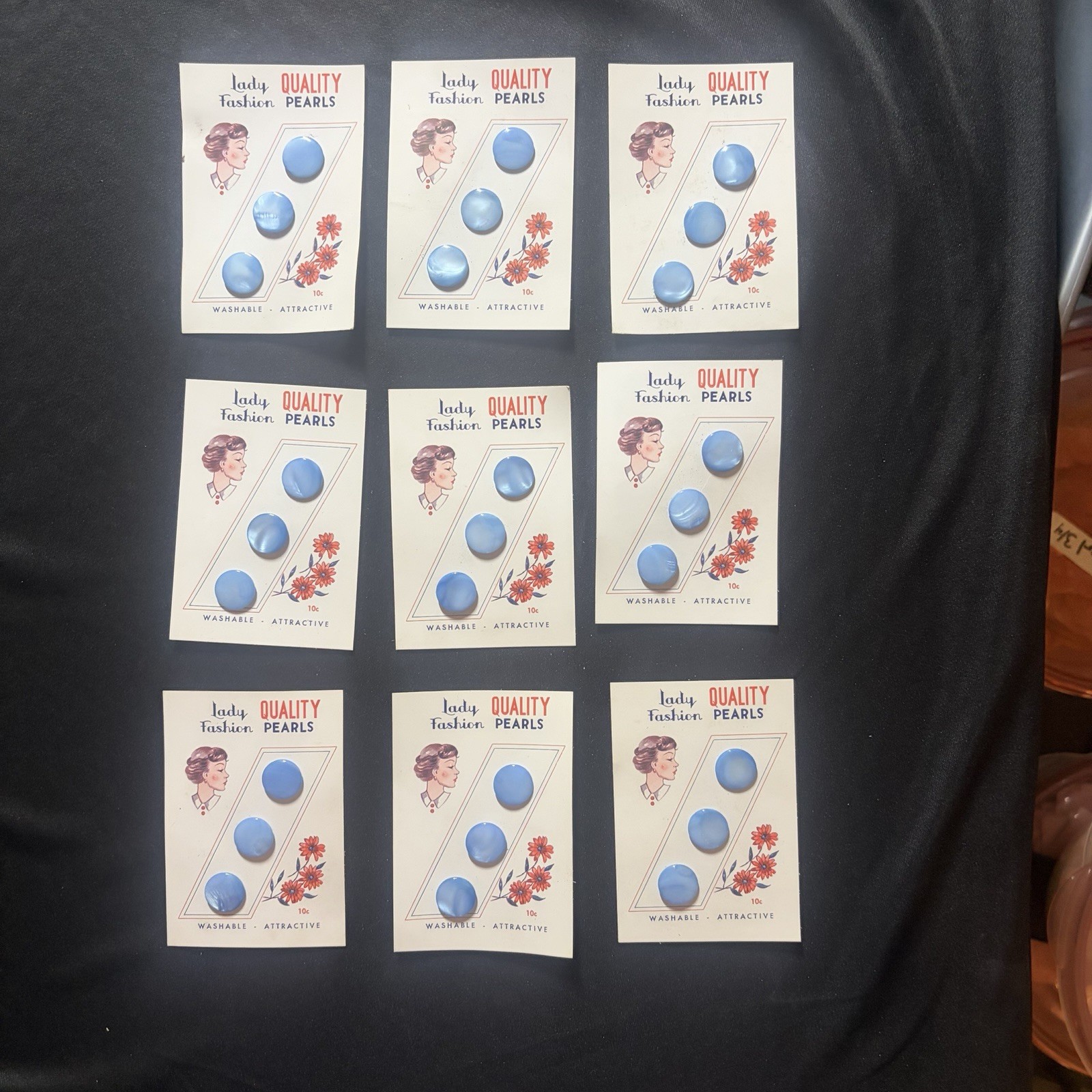 Vintage Blue Mother Of Pearl Buttons On Original Cards Lot of 9