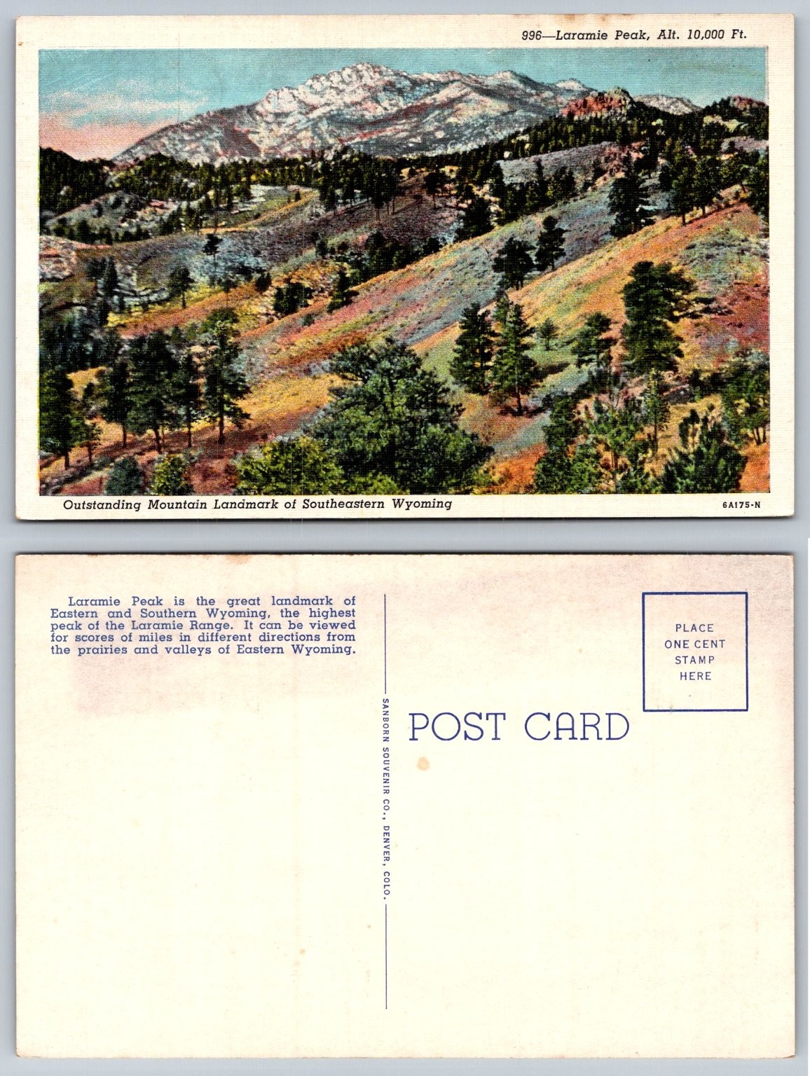 Vintage Laramie Peak Wyoming Postcard Sanborn Souvenir Co. Linen Mountain View