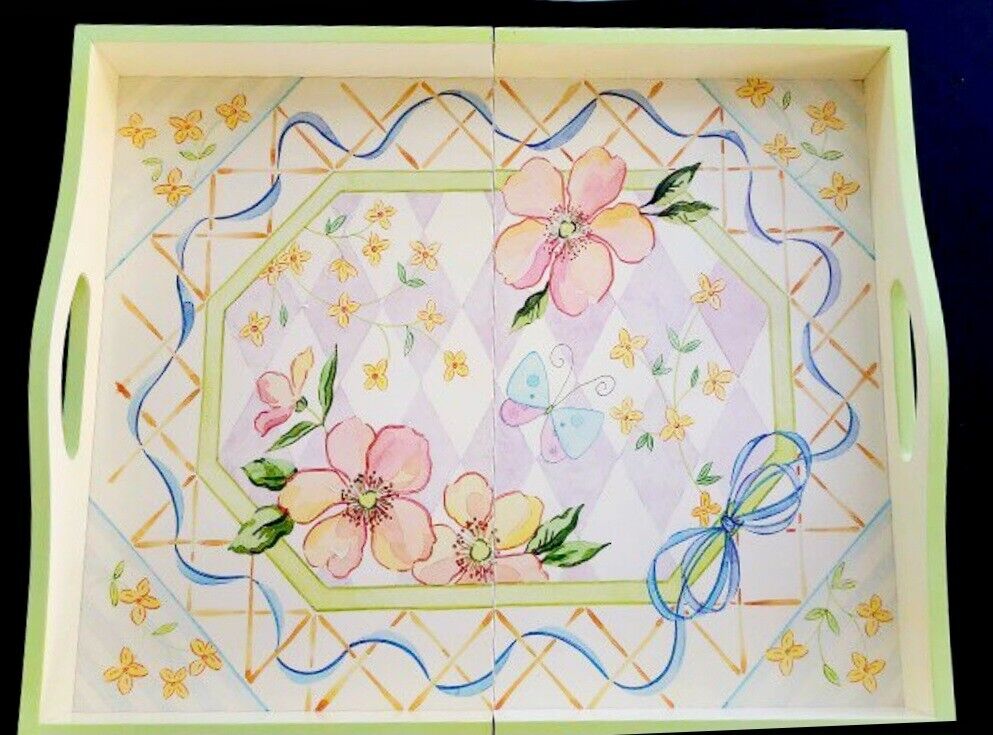 Avon Folding Wooden Tray Hand Painted Lovely Pastel Flowers.