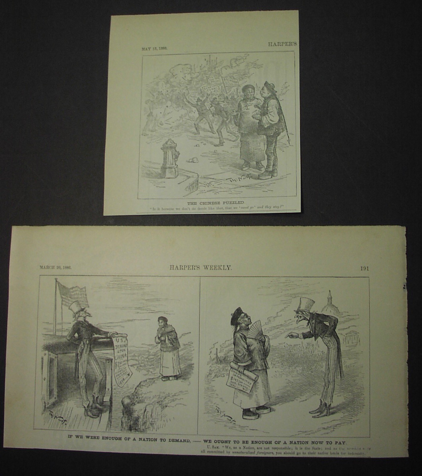 two 1886 anti-CHINESE political cartoons by THOMAS NAST - Rock Springs massacre