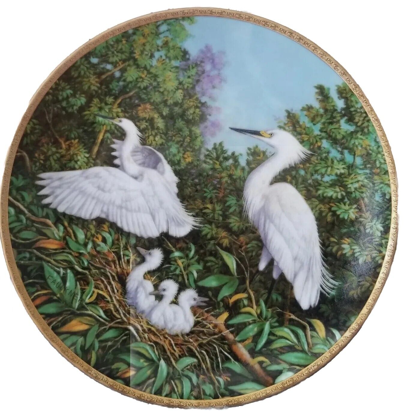 THE SNOWY EGRET Plate The Elegant Birds Series #3 James Faulkner Hatchlings Gold
