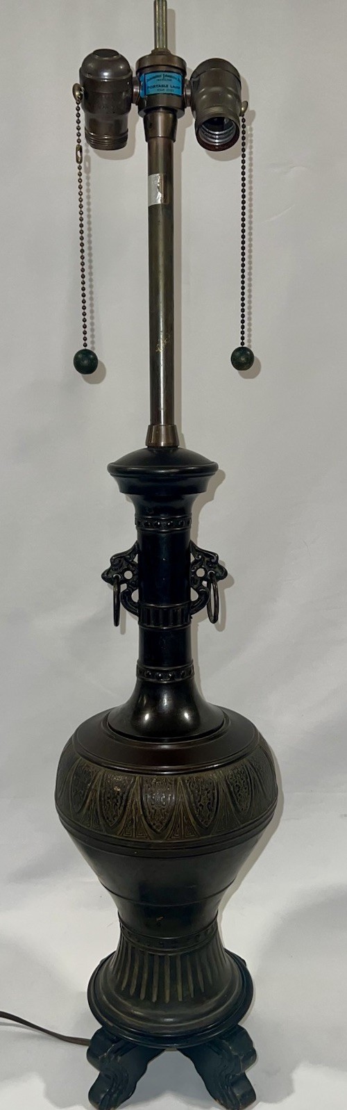 VTG Mid Century MARBRO Lamp Asian Relief Cast Bronze Brass Wood Table Lamp -32”H