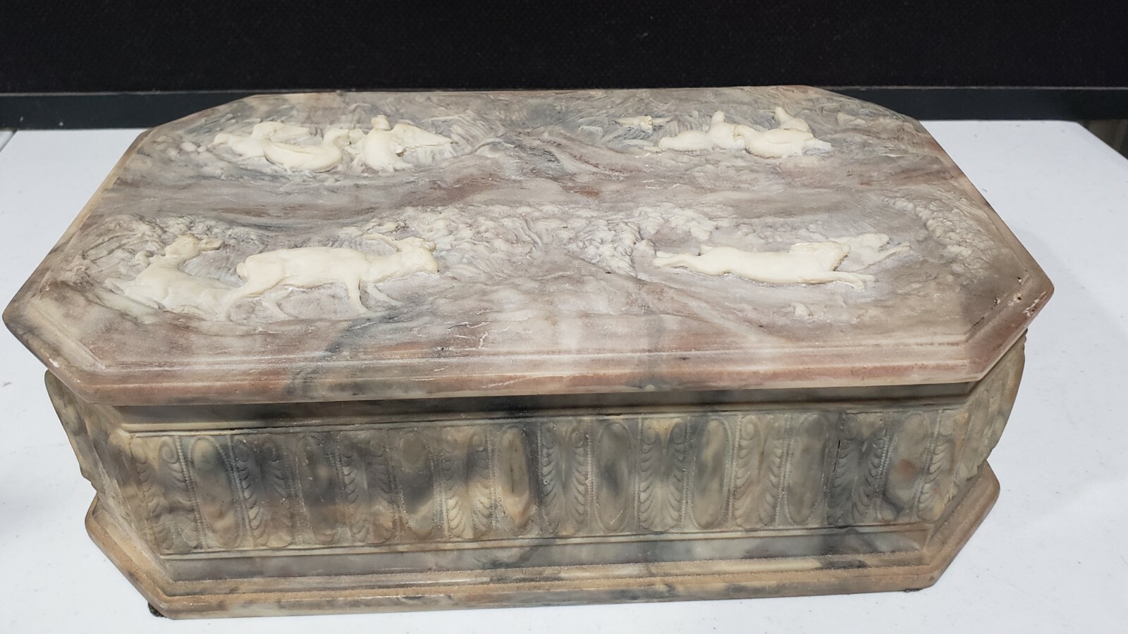 Large Incolay Stone Carved Men's Box Wildlife Scene Ducks Rabbits Deer 