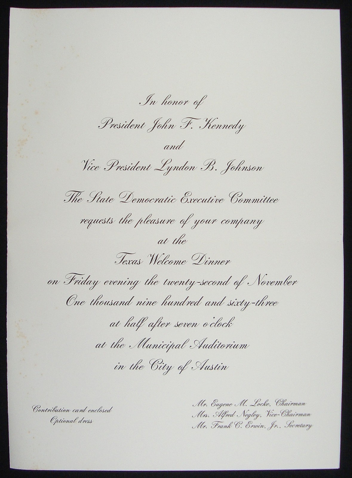 1963 Texas Welcome Dinner Invitation John F Kennedy Assassinated Ticket 1963 Texas Welcome Dinner Invitation John F Kennedy Assassinated Ticket