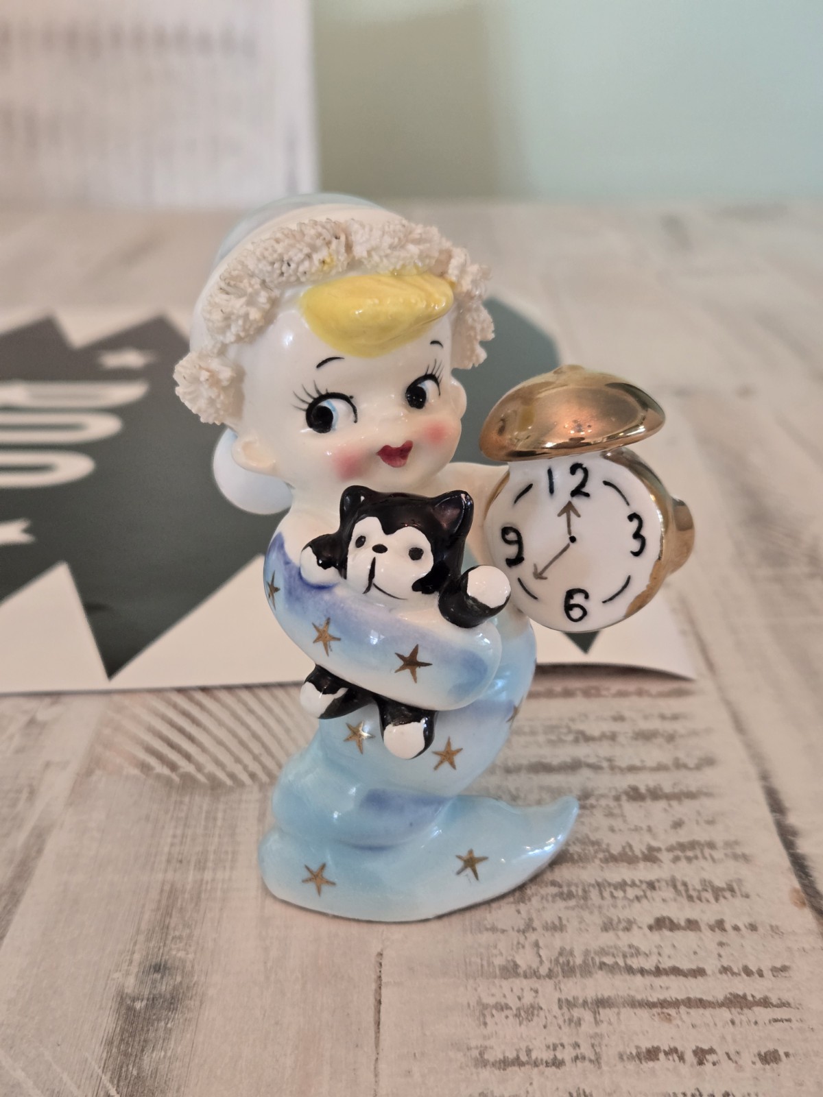 Rare Vintage TMJ Japan New Years Boy In Star Pajamas Kitty Clock Norcrest Mint Rare Vintage TMJ Japan New Years Boy In Star Pajamas Kitty Clock Norcrest Mint