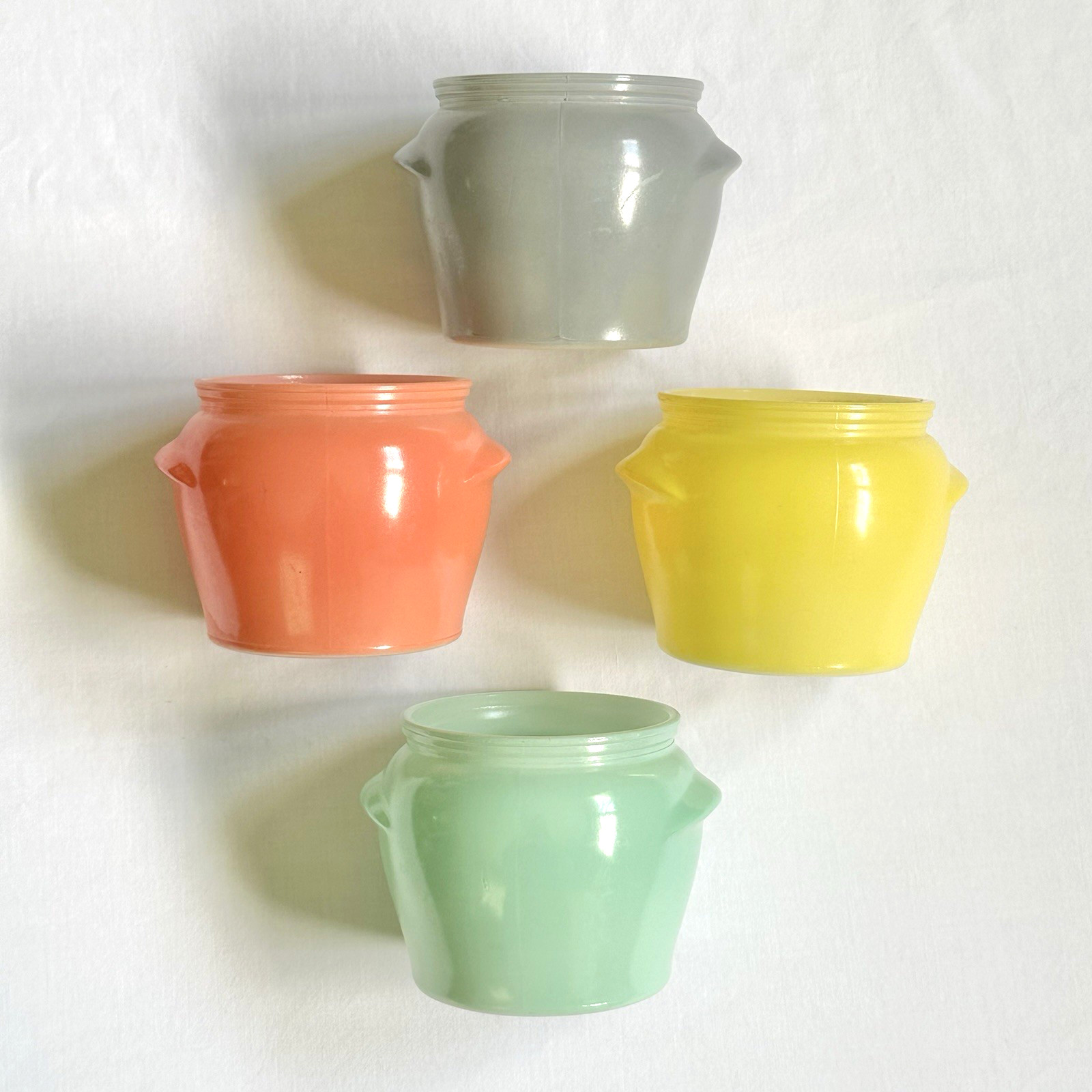 Vintage Walker's Honey Whip Glasbake Glass Jars Pots Coral, Yellow, Mint, Gray