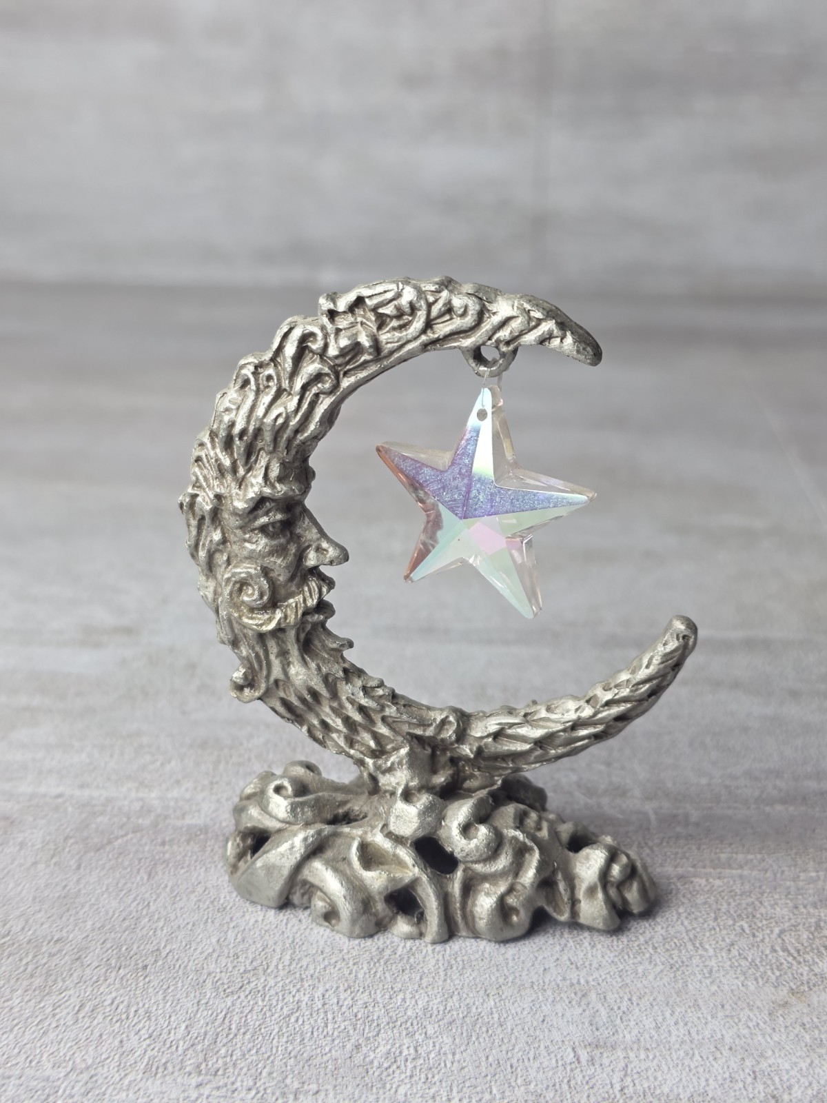 Vintage Sunglo-DeNicolo Pewter Celestial Themed Man In The Moon Crystal Star Orb