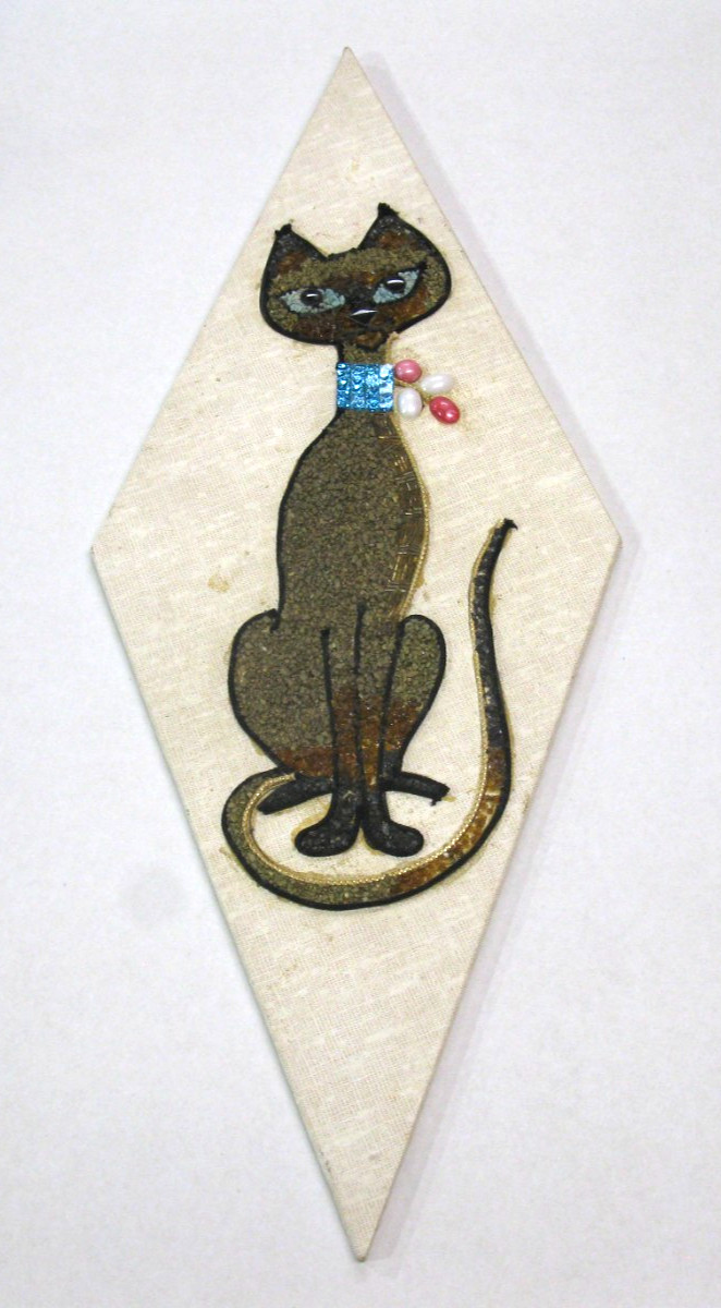 Vintage MCM 1960's Cat Kitten Feline GRAVEL ART Wall Hanging  READ DESCRIPTION