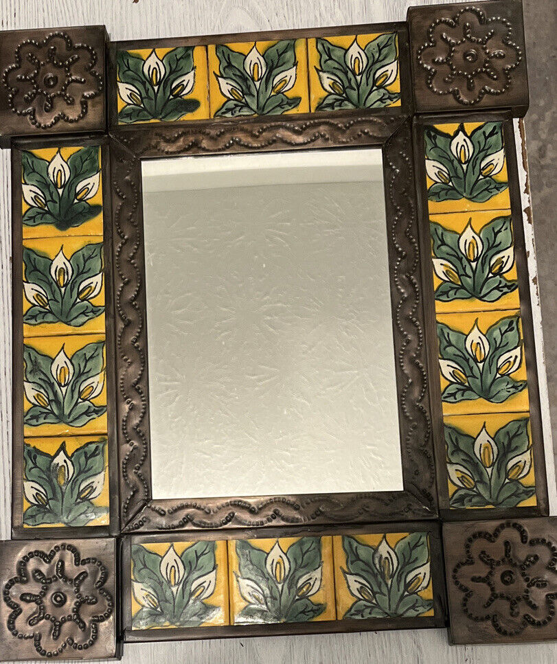 vintage Mexico Talavera tile punched tin mirror calla lilies yellow green 12.5