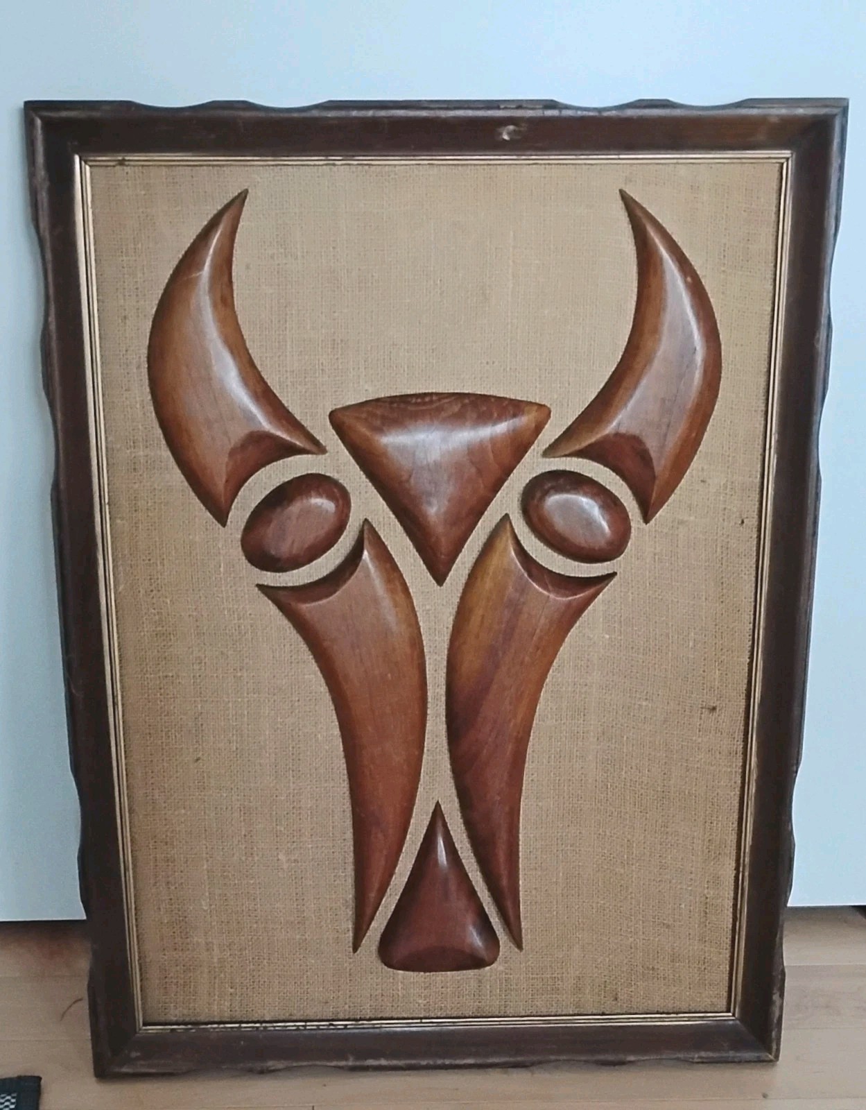 VINTAGE MID CENTURY  ART 1960'S TEAK WOOD CARVING BULL WALL HANGING