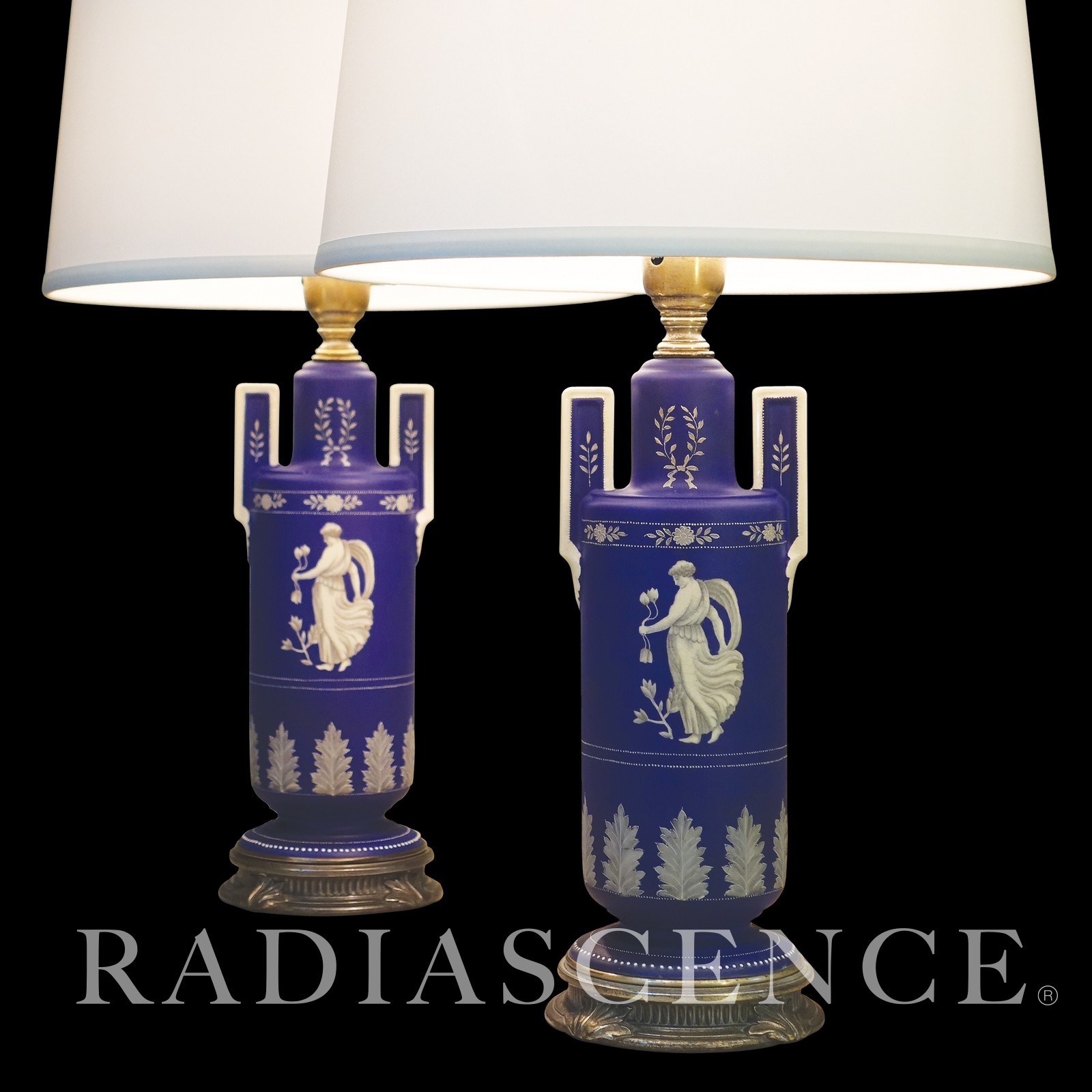RARE PAIR COBALT WEDGEWOOD JASPERWARE ART DECO TABLE LAMPS 1930s NORITAKE NIPPON
