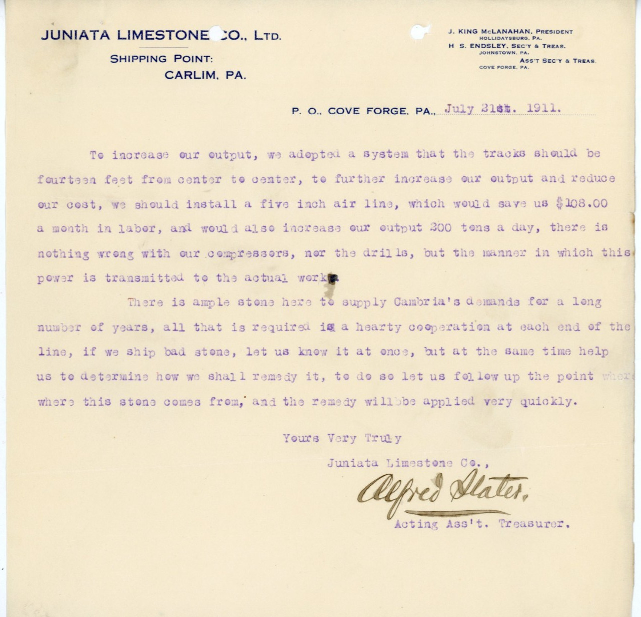 1911 Antique Letterhead Juniata Limestone Cove Forge PA Mining Railroad Signed