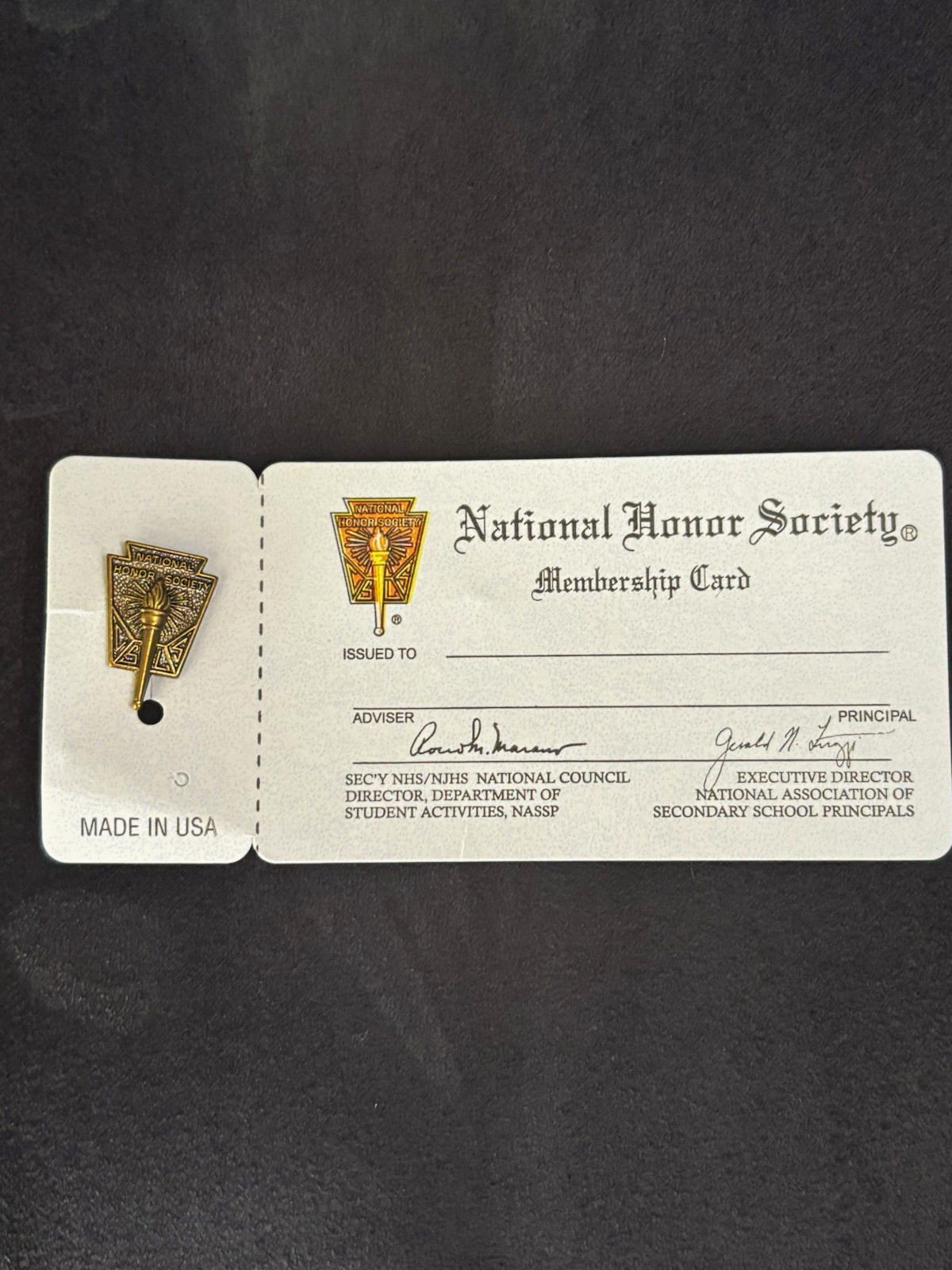 Vintage National Honor Society Torch Pin & Membership Card Signed Made in USA