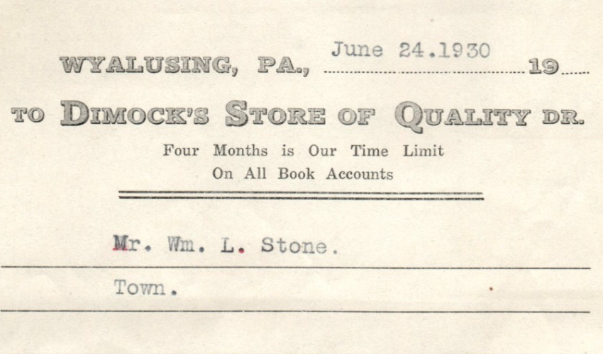 1930 WYALUSING PA DIMOCK\'S STORE OF QUALITY PUR CHAIRS INVOICE BILLHEAD Z7750