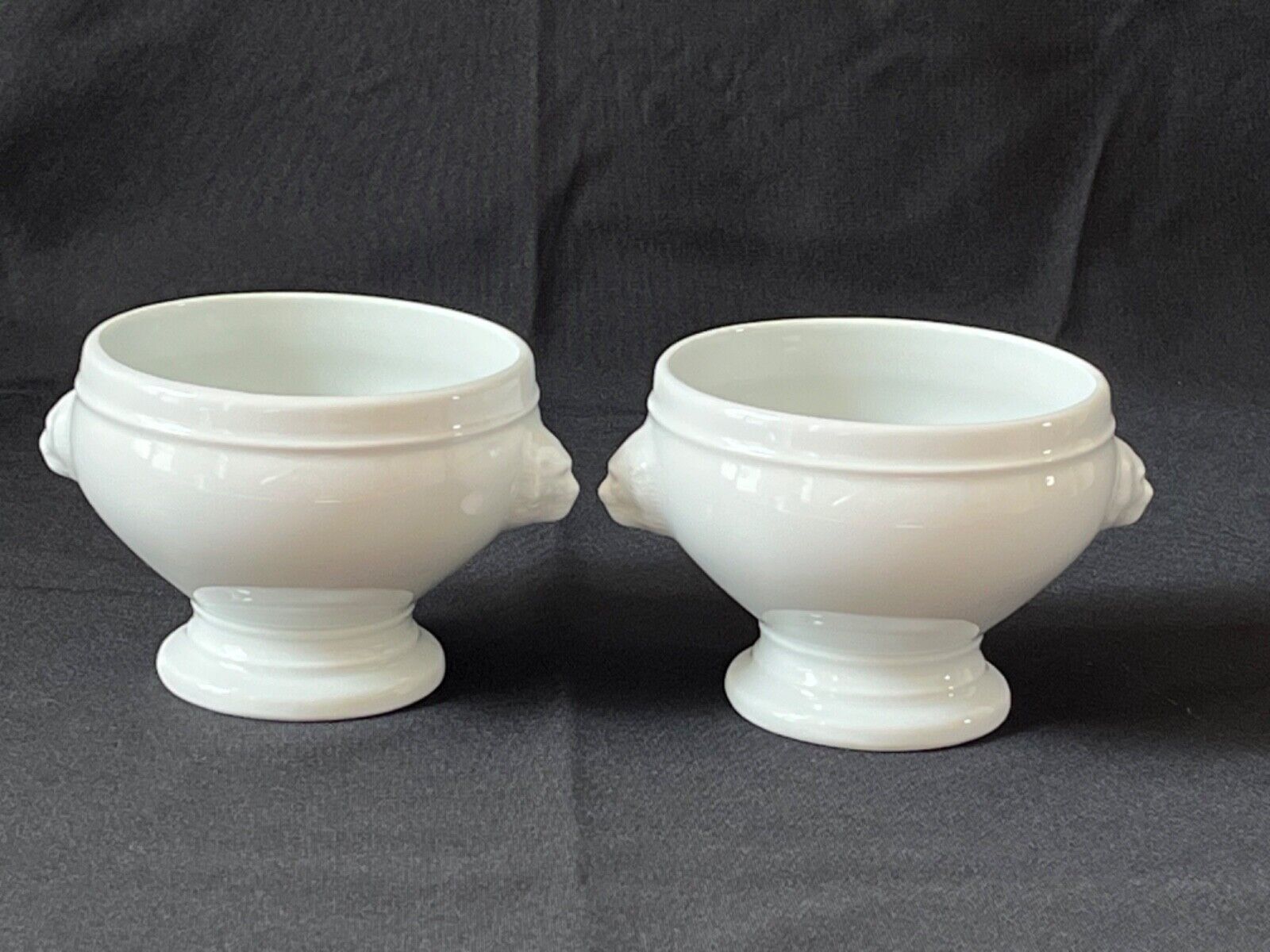 2 APILCO Lions Head Bowl 5 7/8” Footed White French Porcelain Soup/Serving Bowls