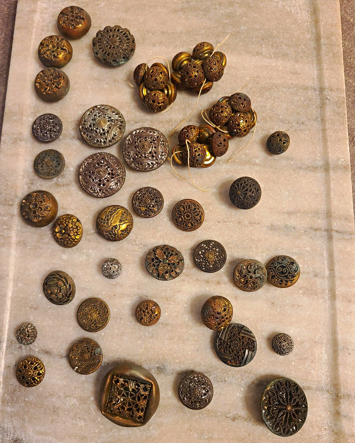 54 Vtg Antique Victorian Metal Button Lot Filigree Picture Perfume Twinkle