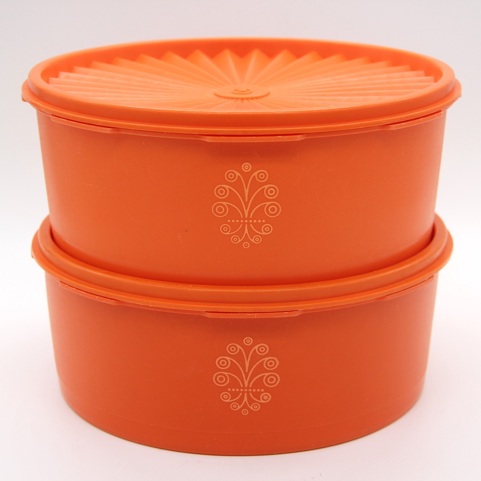Harvest Orange 8 in Round Servalier Tupperware Containers 1204-24 Two Stacking