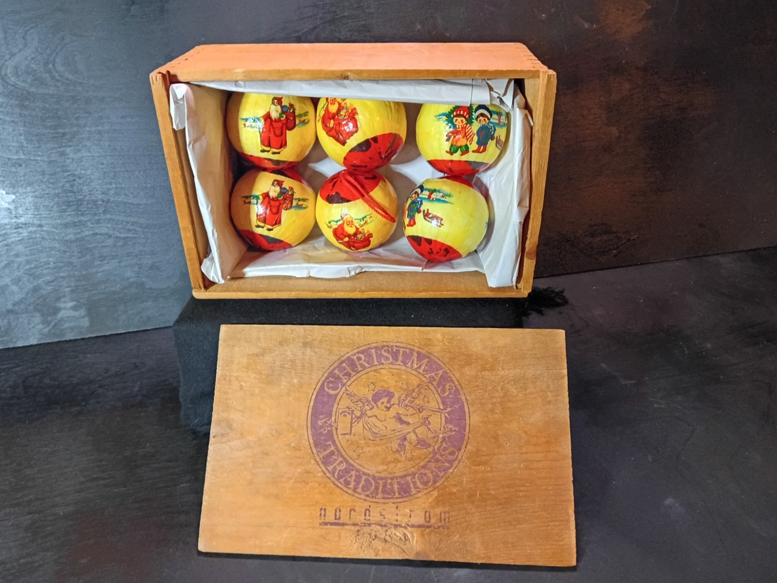 1980s Vintage Christmas Paper Mache Decoupage Ornaments (6) Nordstrom Box 🎁 🎄