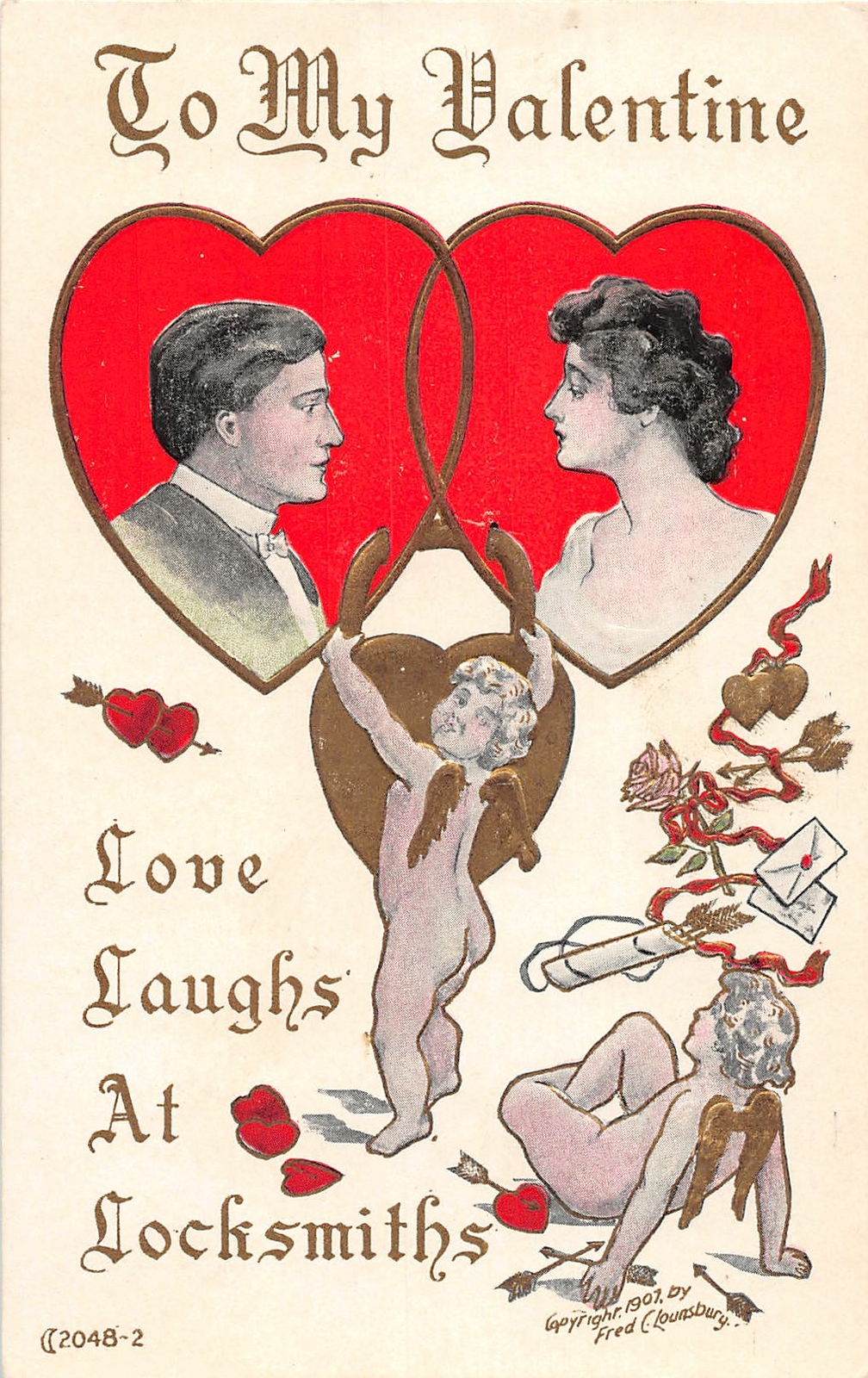 H53/ Valentine\'s Day Love Holiday Postcard c1910 Man Woman Hearts Gold Cupid 36