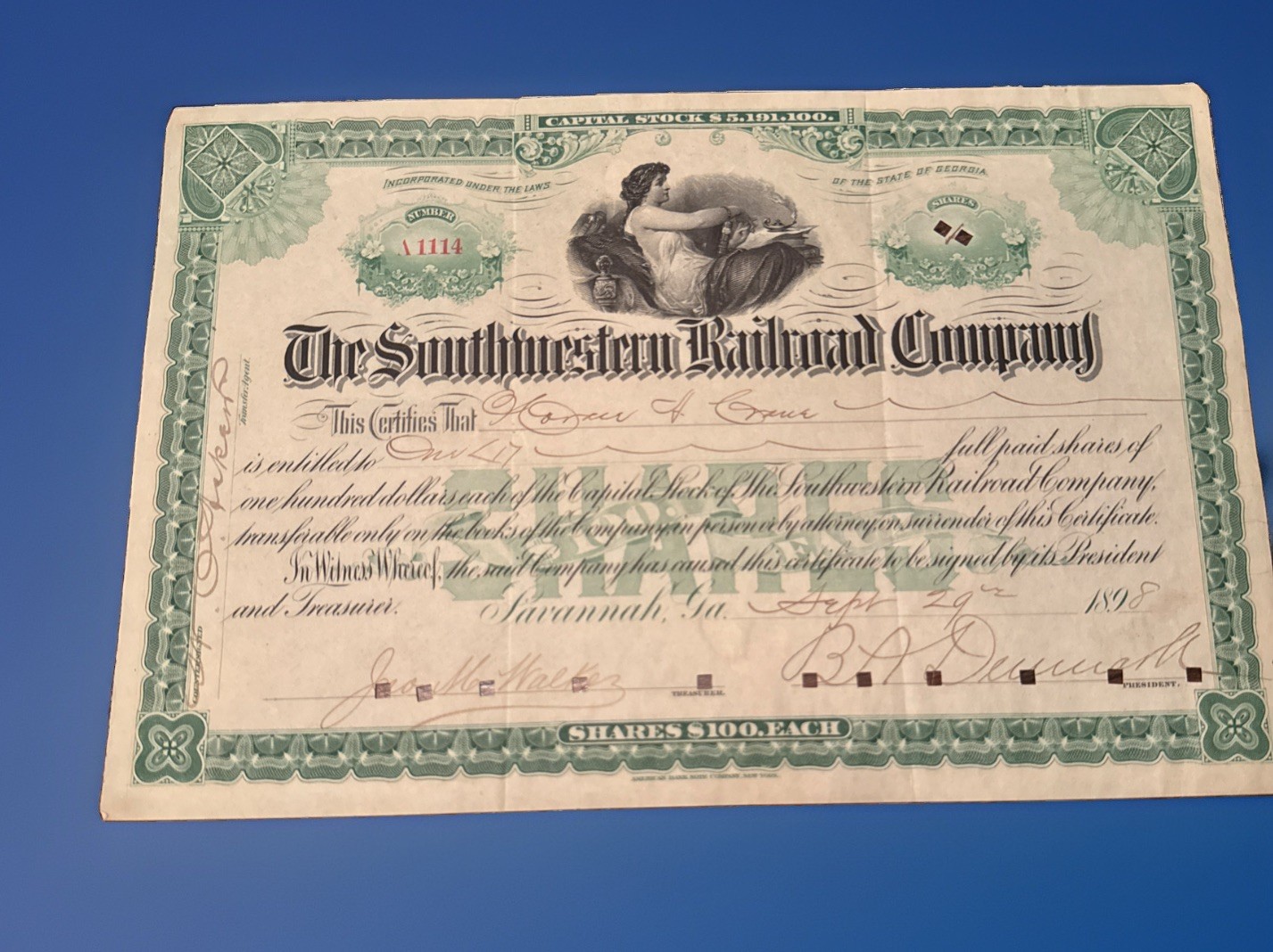 1898 South Western Railroad GA Stock Certificate B.A. Denmark Horace A. Crane?