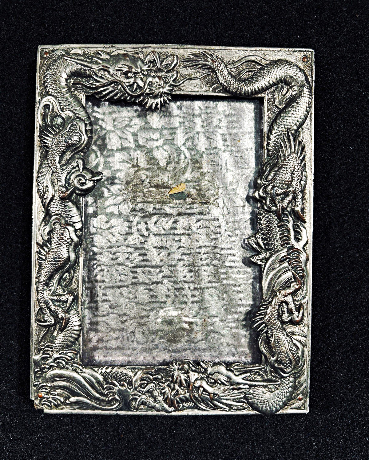 Antique Double Dragons and Flaming Pearl. 4.25” x 5.5”. Silver Plate. 