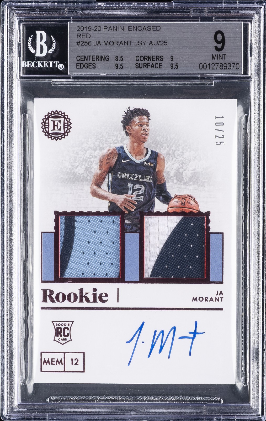 2019-20 PANINI ENCASED AUTOS RED #256 JA MORANT ROOKIE RC BGS 9