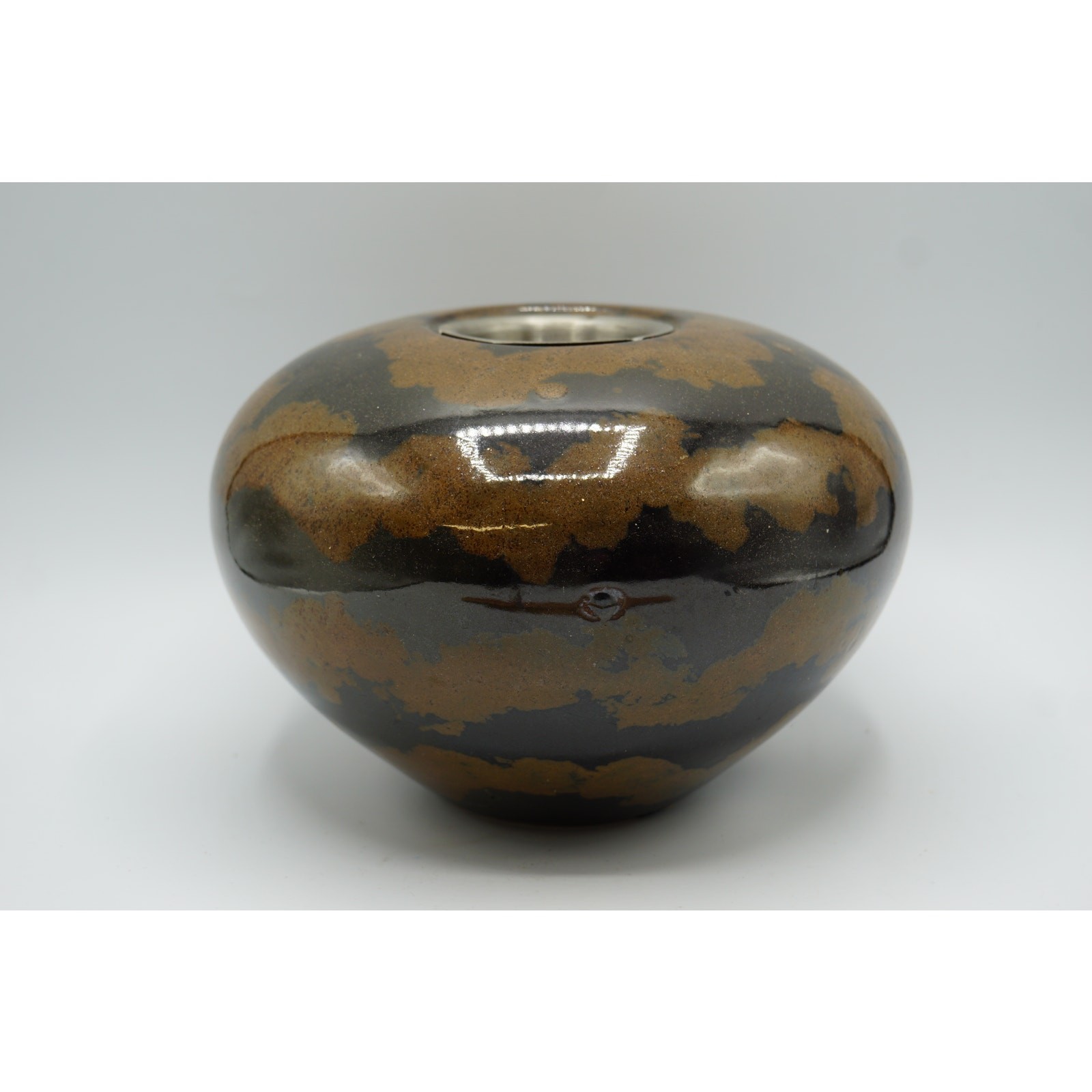 Modern Studio Pottery Vase with Metal Insert Mottled Brown Black Glaze Stoneware