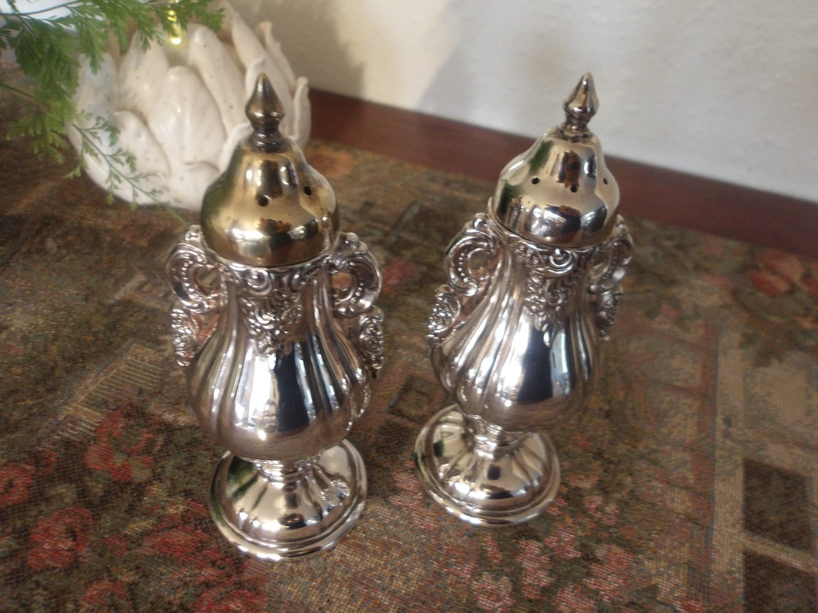 1940s Vtg Wallace Baroque Silverplated Salt & Pepper Shakers MCM Ornate Set Of 2