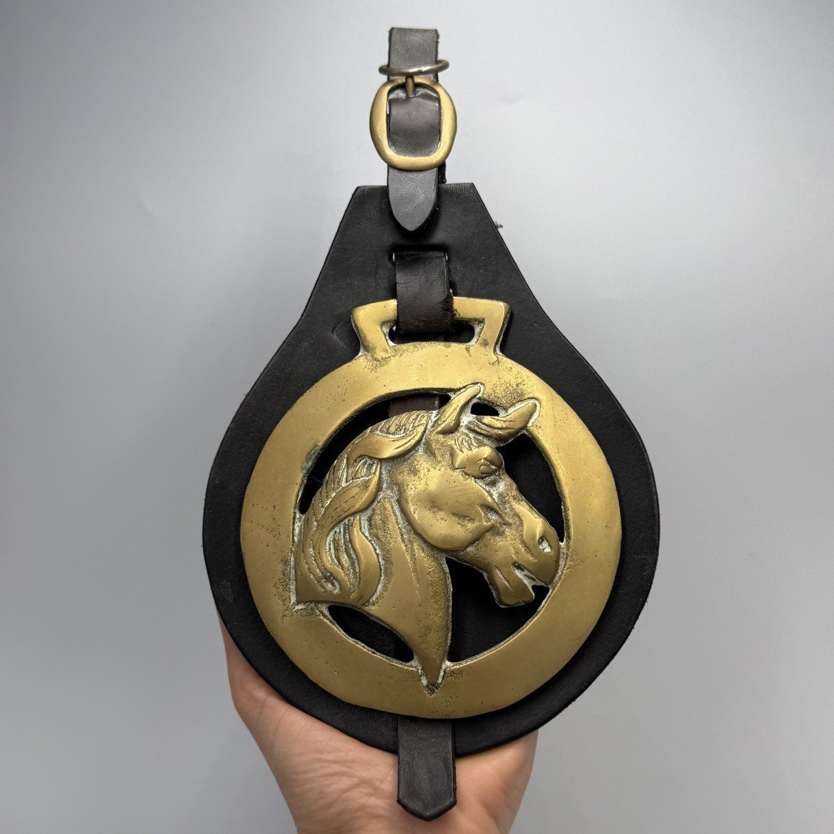 Vintage Horse Brass Medallion Leather Martingale Horse Head Rustic Wall Decor