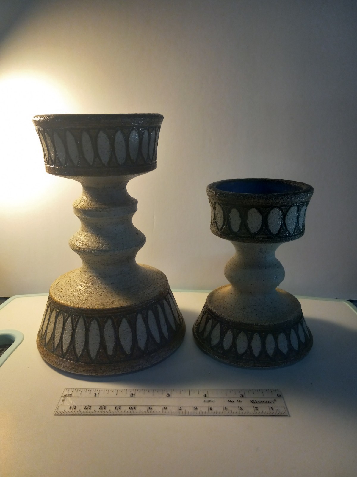 Mid-century studio pottery Candle Holders speckled glaze blue interior 1950s 