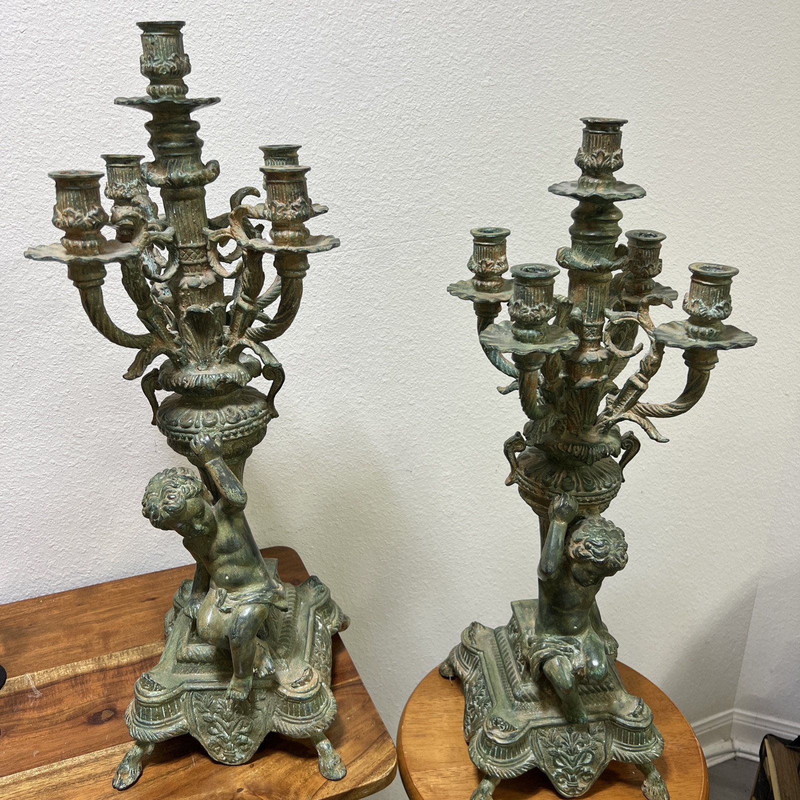 2 Huge Bronze  French Angels Candelabra Solid  & Heavy 25.5
