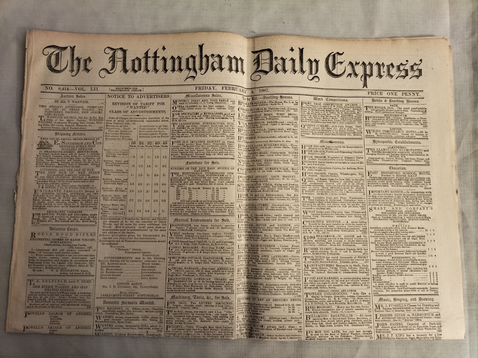 1887 Nottingham Daily Express 4th Feb Full Copy Intact Large Issue Folded