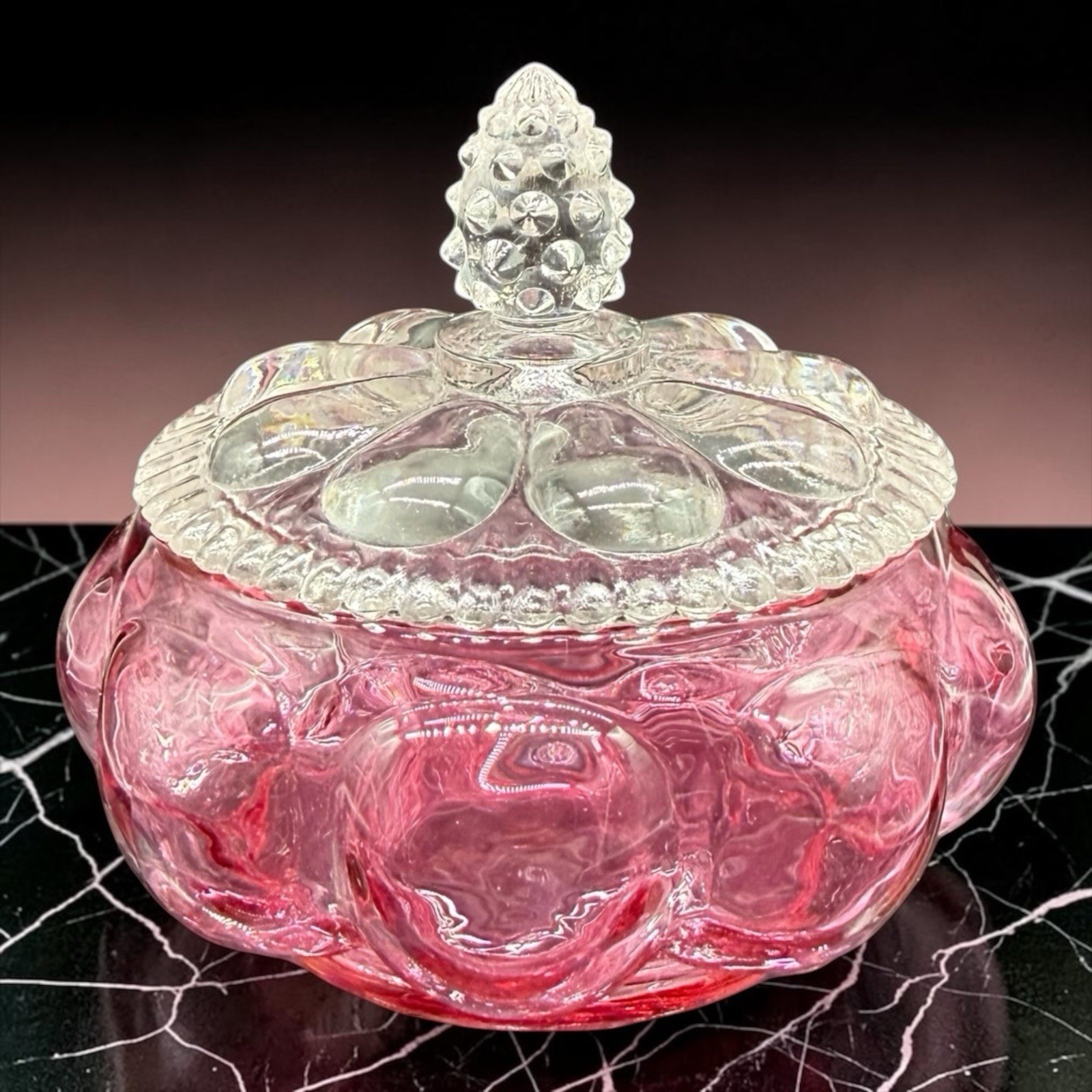 Fenton Diamond Optic Melon Shape Cranberry Pink Glass Covered Powder  Jar