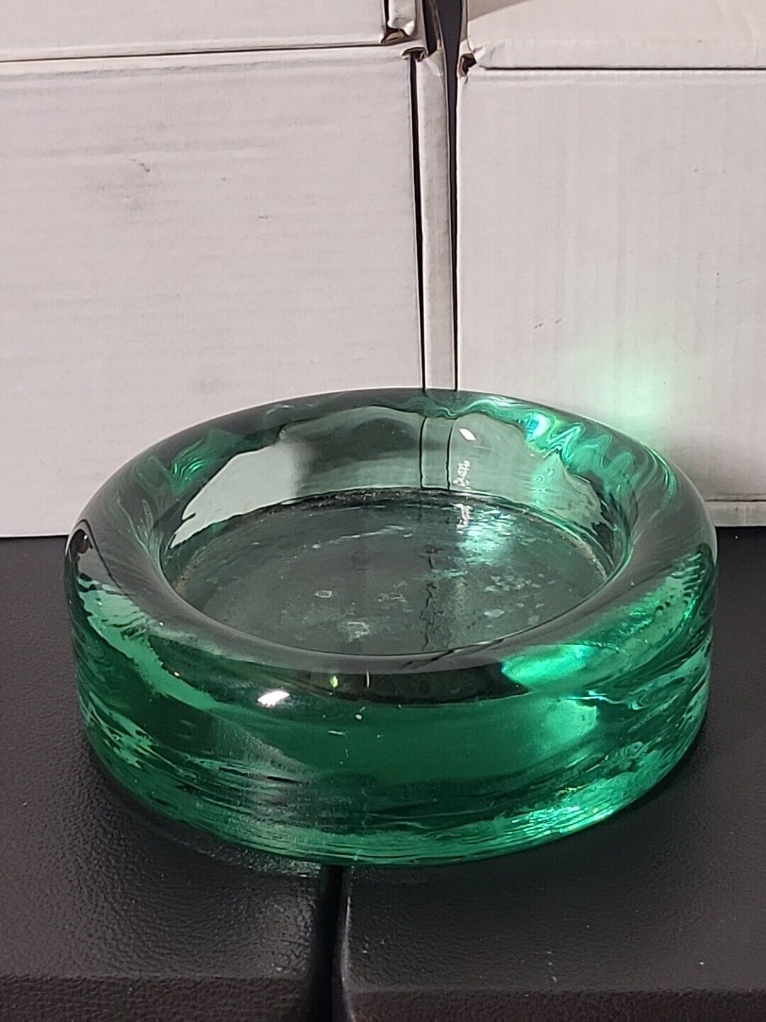 Blenko Style Recycled Green Art Glass Round Catch All Dish Tray Candle Holder 