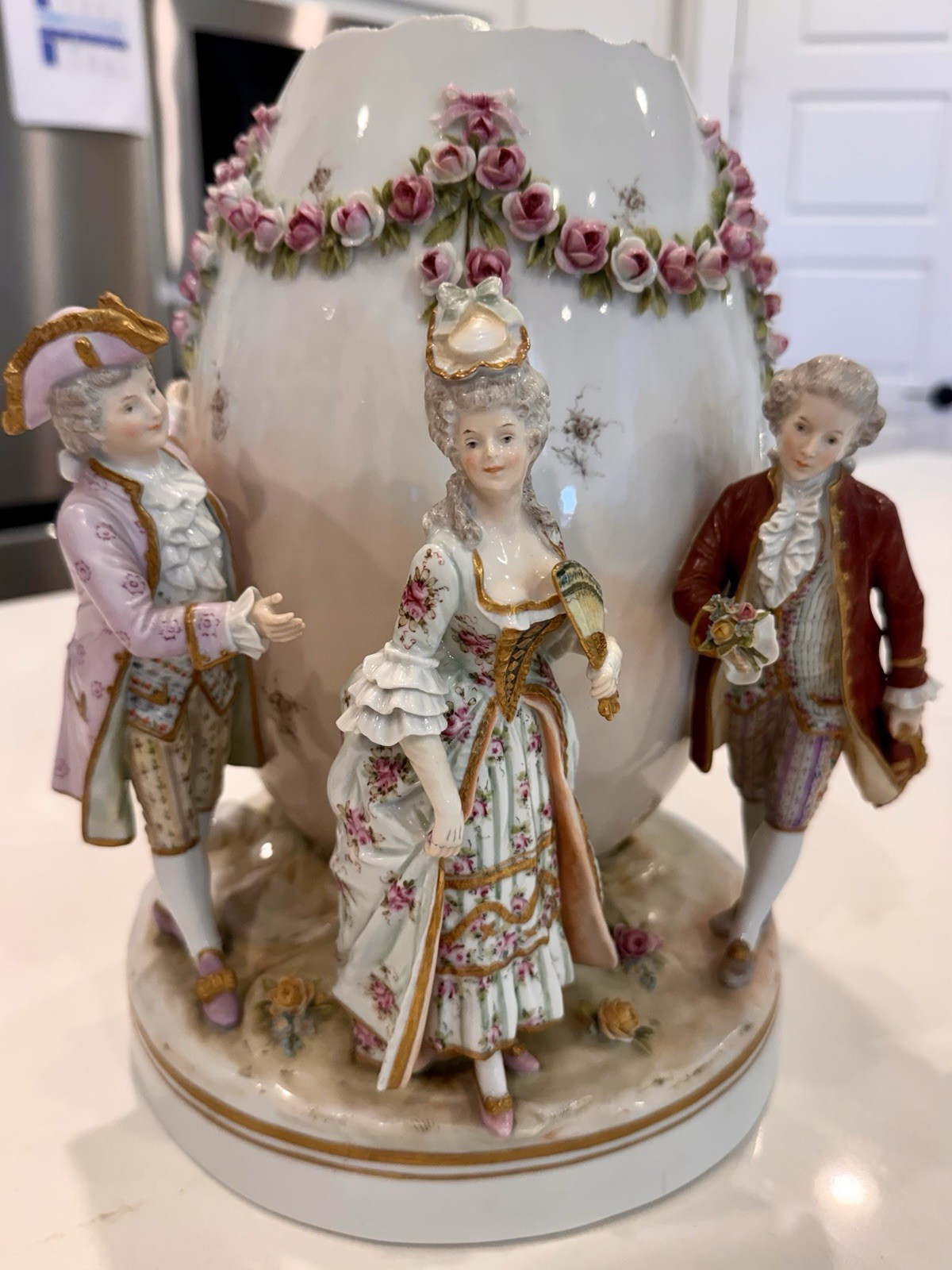 Antique Carl Thieme Porcelain Centerpiece Cracked Egg Figurine Vase