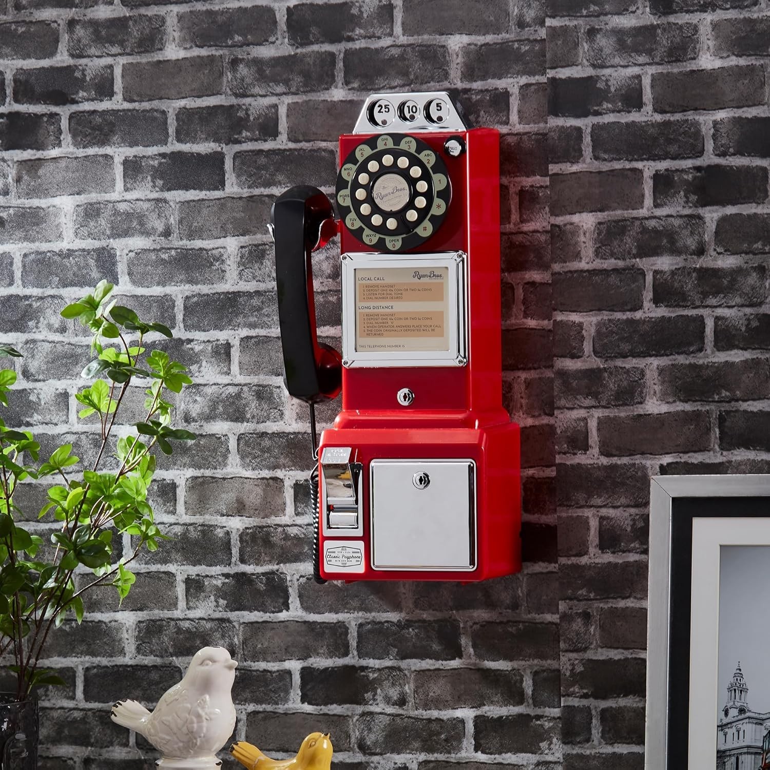 . American Retro 1950's Payphone with Coin Bank Wall-Mount Corded Phone (Red)
